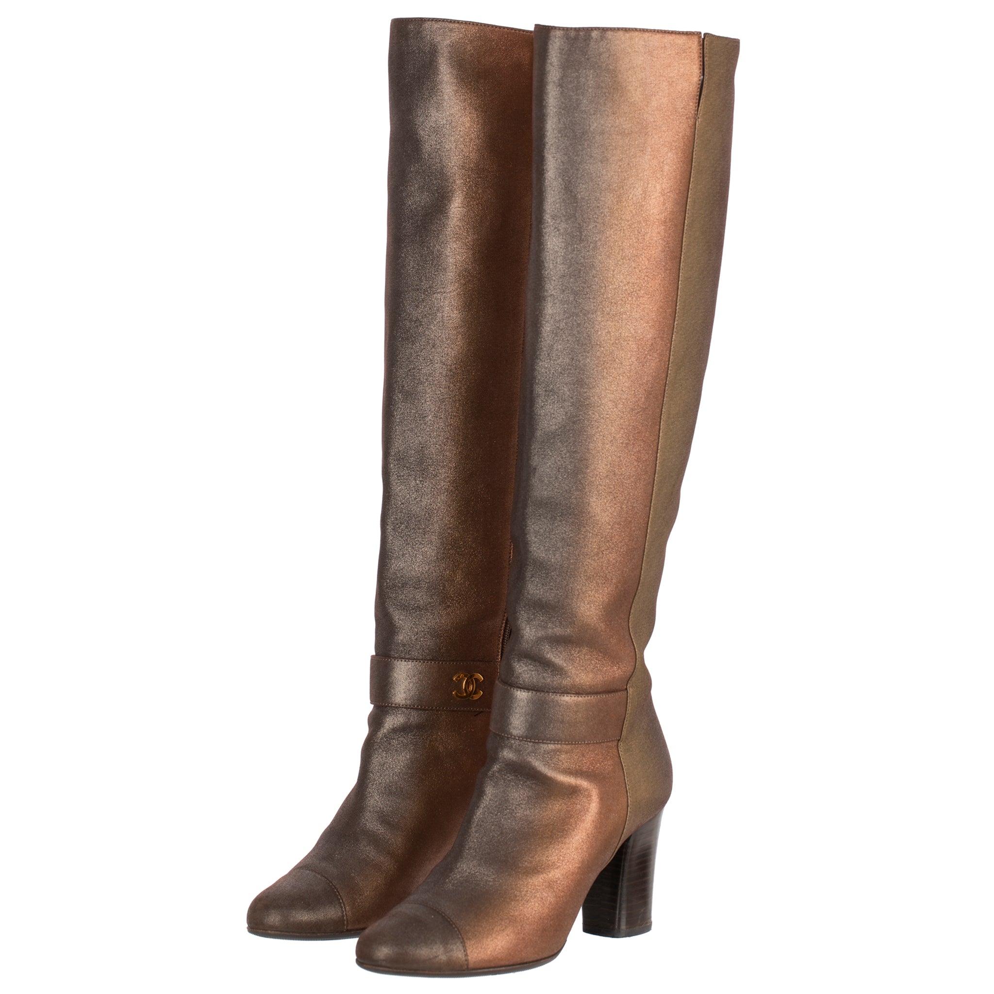 Chanel Metallic Rose Gold & Copper Knee Length High Boots 38 Fr