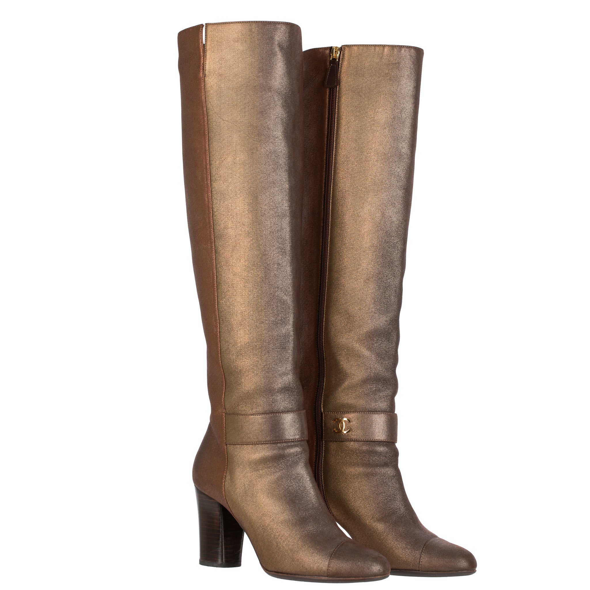 Chanel Metallic Rose Gold & Copper Knee Length High Boots 38 Fr