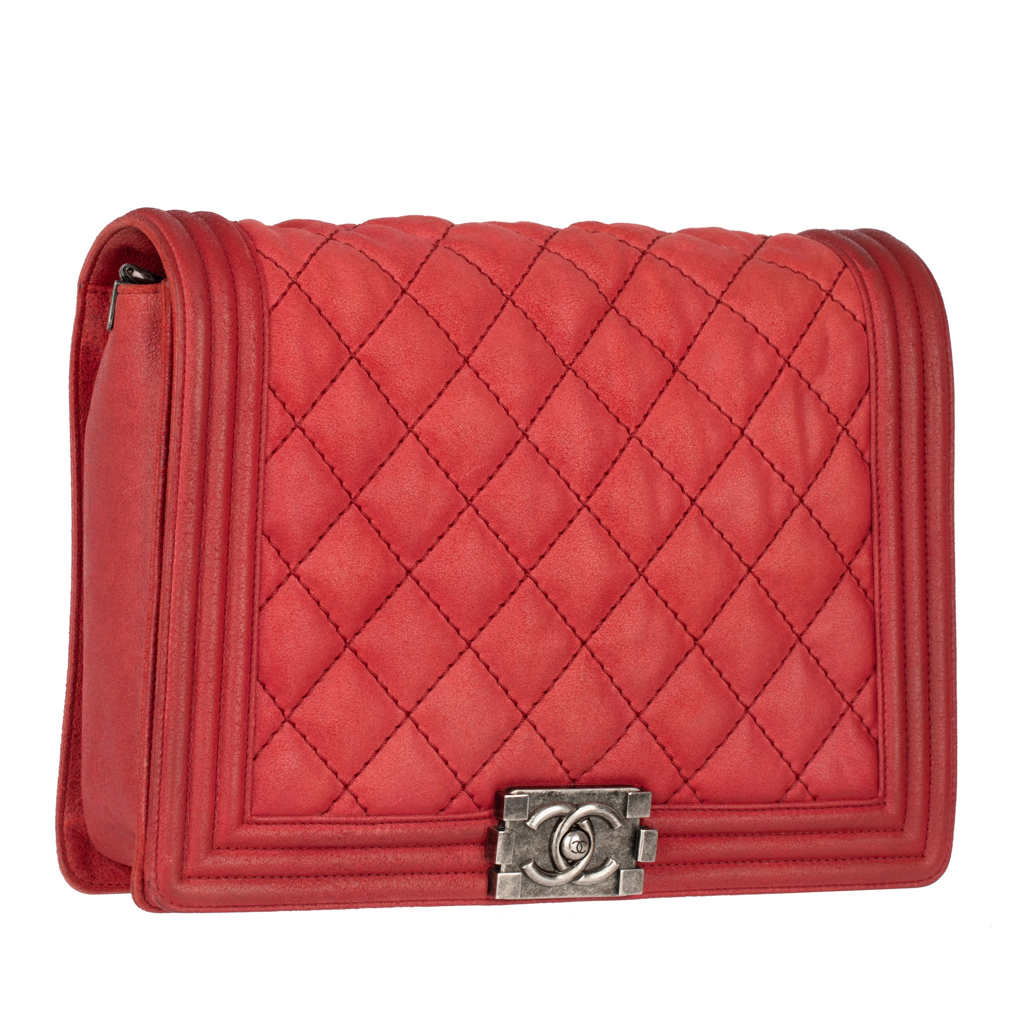 Chanel Red Quilted Suede Large Boy Flap Bag