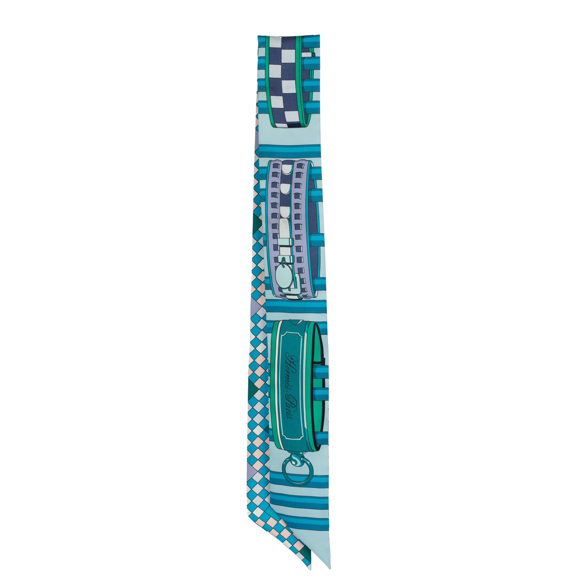 Hermès Silk Twilly Scarf – Blue Multicolour Geometric & Equestrian Print