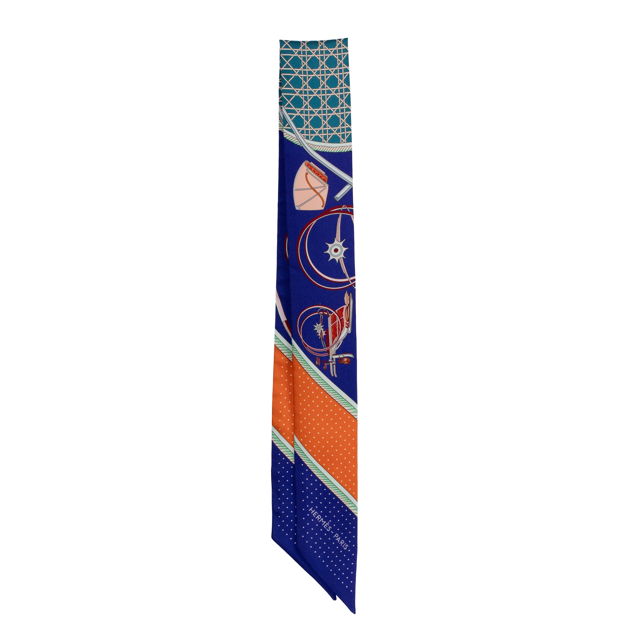 Hermès Silk Twilly Scarf – Blue & Orange Geometric and Equestrian Print
