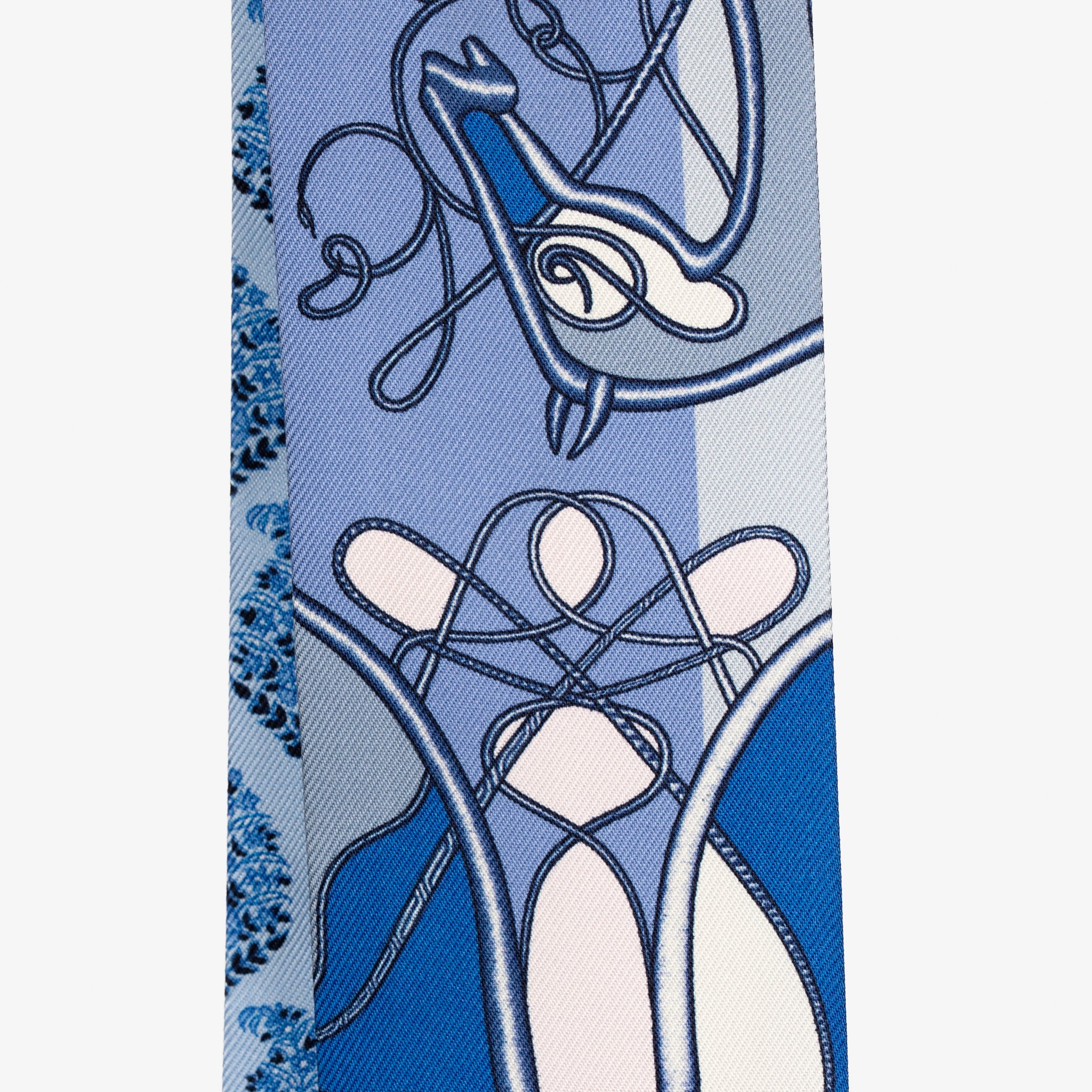 Hermès Silk Twilly Scarf – Blue Multicolour Abstract Equestrian Print