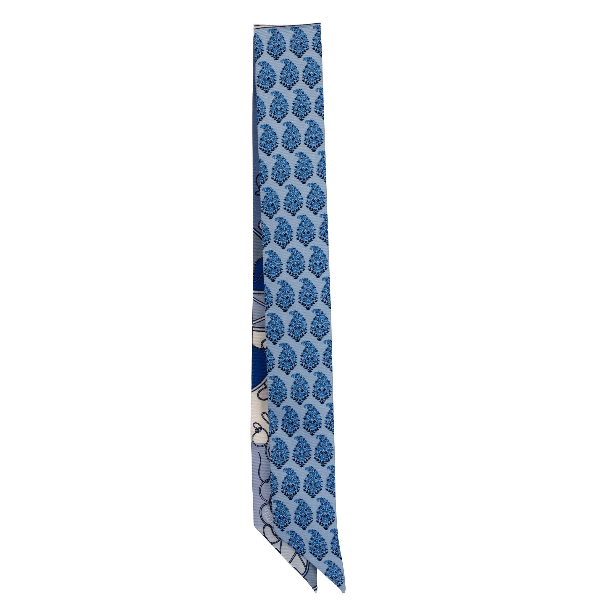 Hermès Silk Twilly Scarf – Blue Multicolour Abstract Equestrian Print