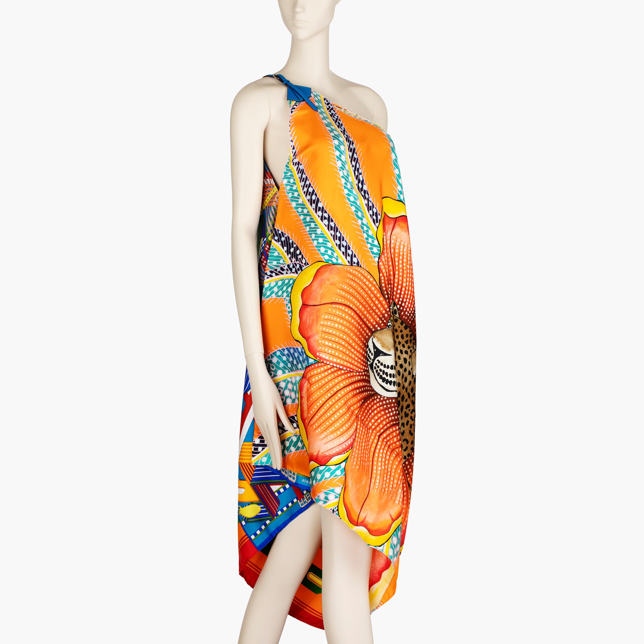 Hermès ‘Jaguar Quetzal’ Silk Scarf Dress – One-Shoulder Pareo with Leather Strap