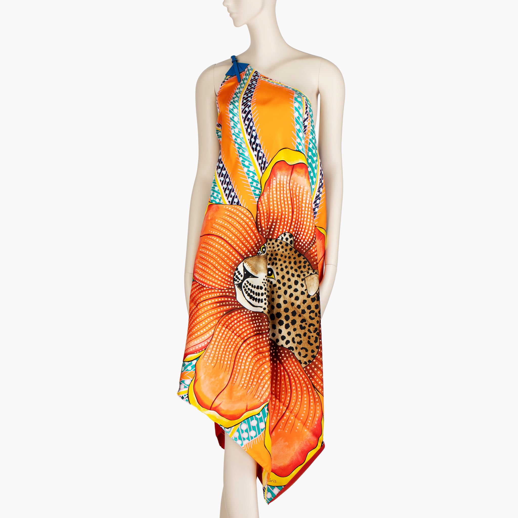 Hermès ‘Jaguar Quetzal’ Silk Scarf Dress – One-Shoulder Pareo with Leather Strap