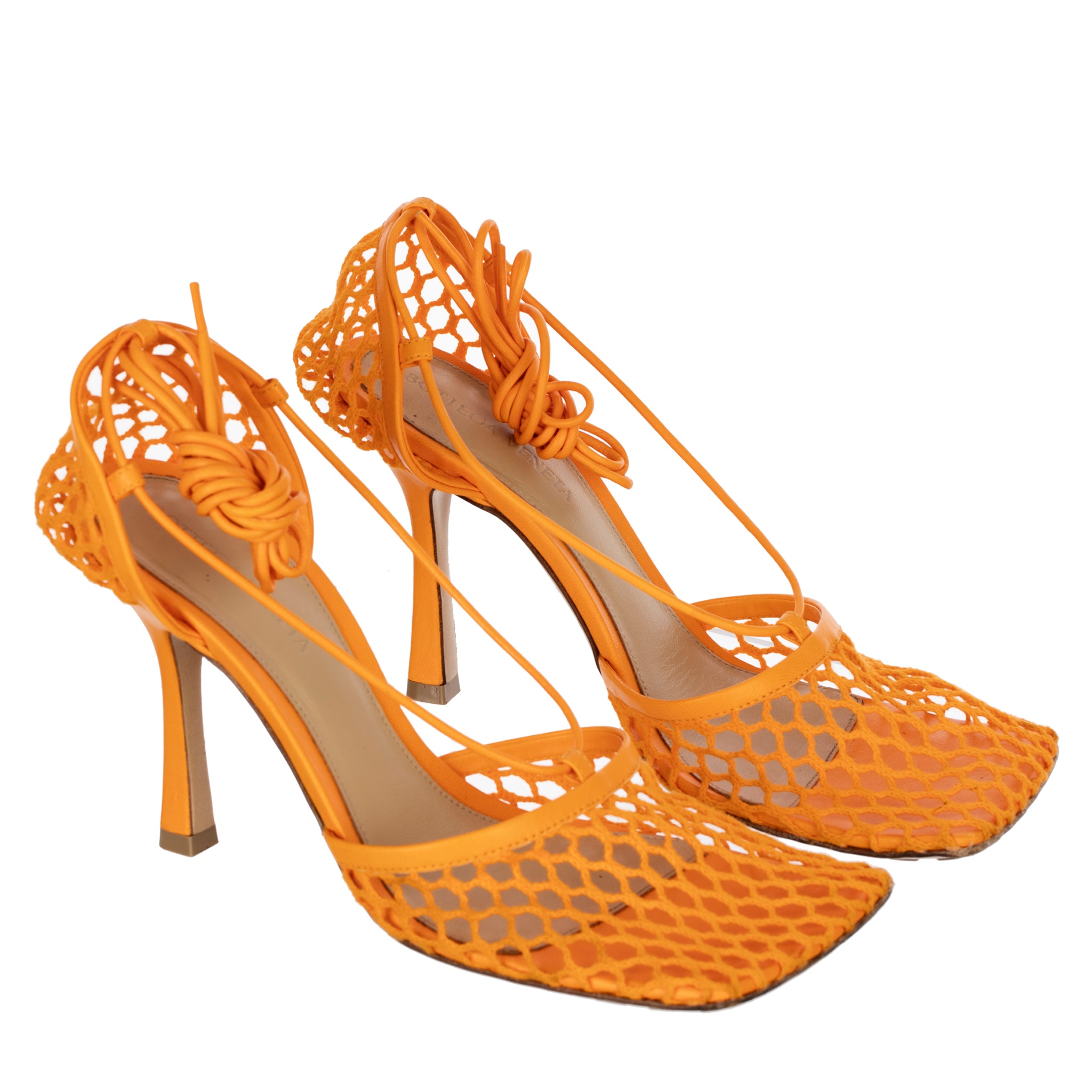 Bottega Veneta Orange Lace-up Leather-trimmed Mesh Pumps 37 IT