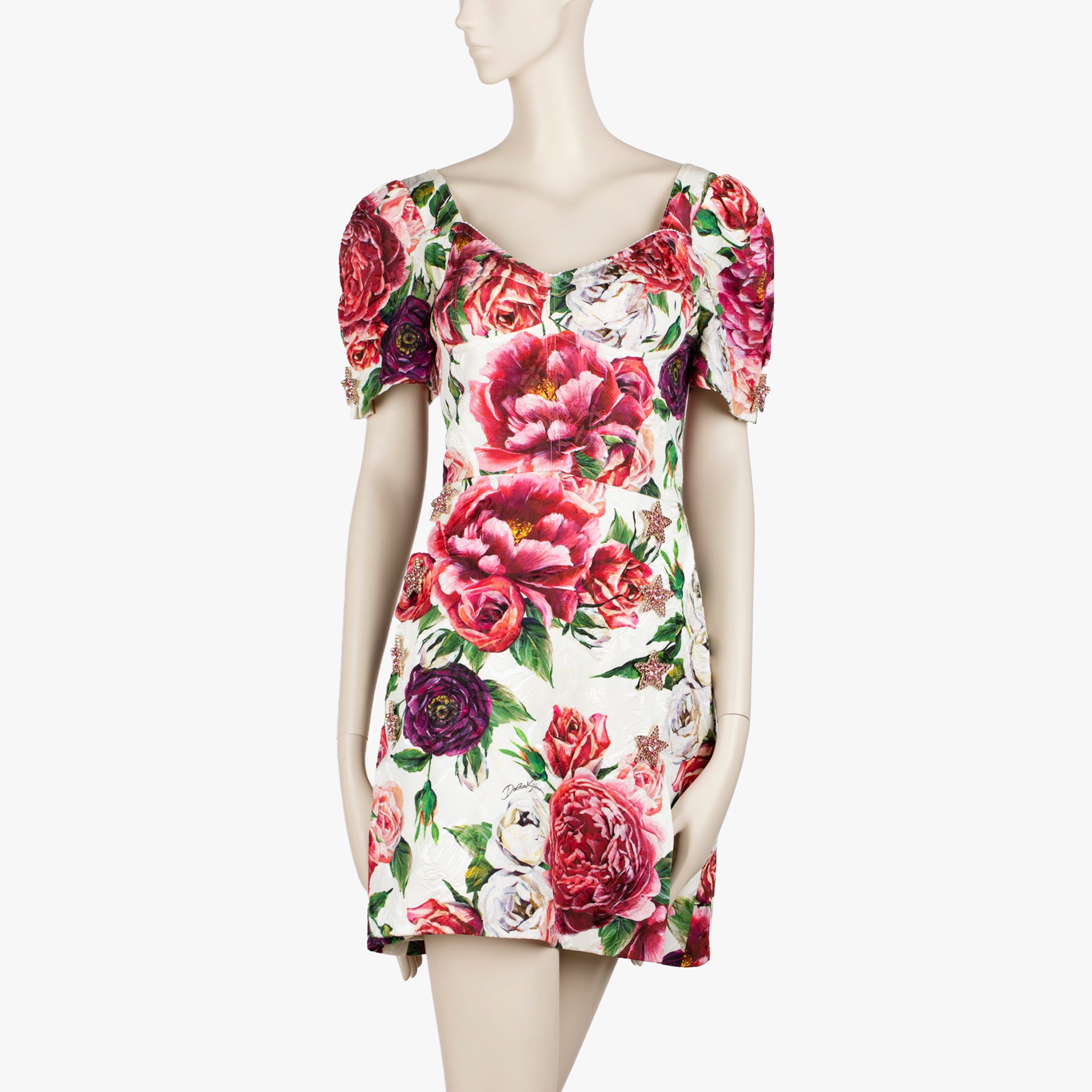 Dolce & Gabbana Floral Jacquard Mini Dress with Star Brooch Details - Size 42 IT