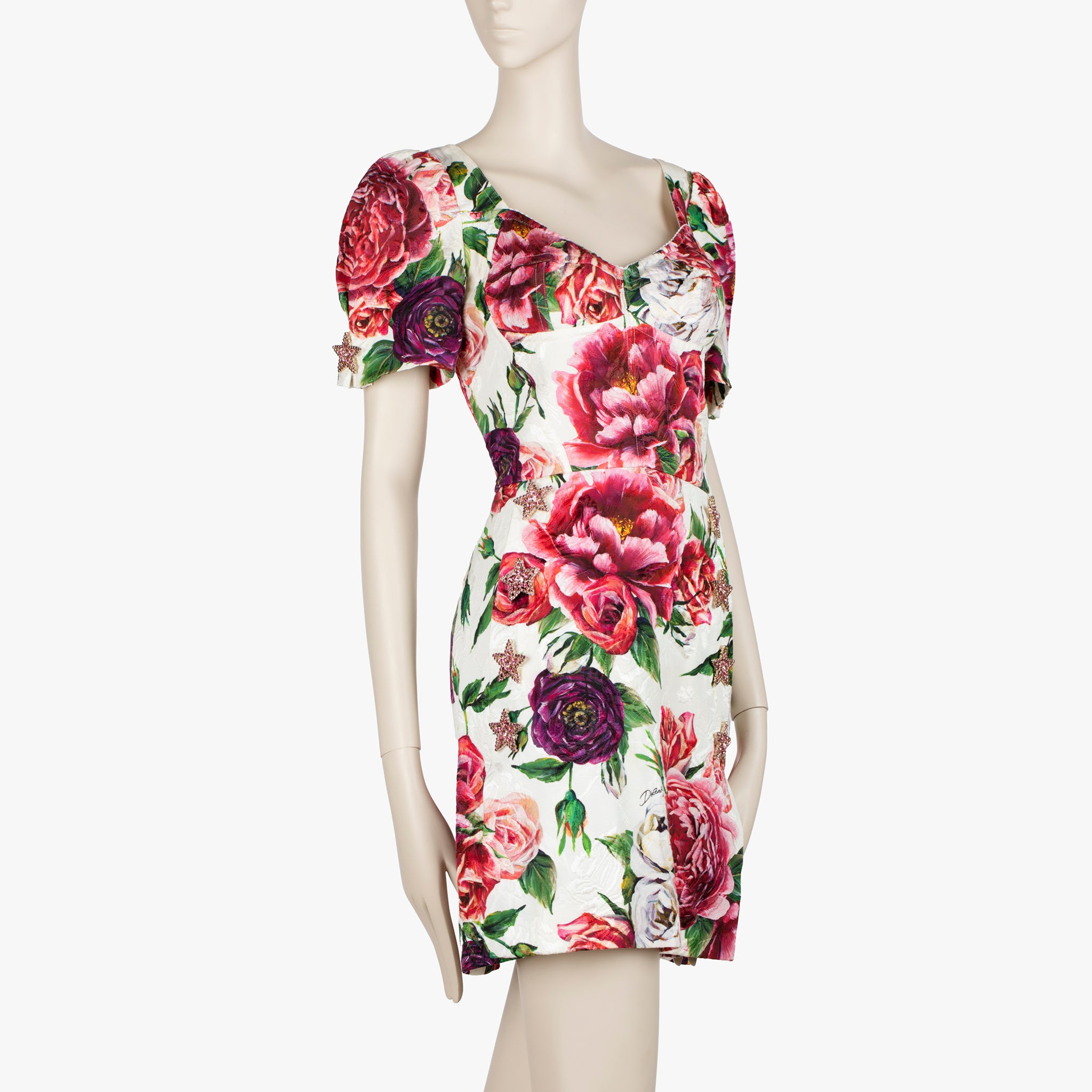 Dolce & Gabbana Floral Jacquard Mini Dress with Star Brooch Details - Size 42 IT