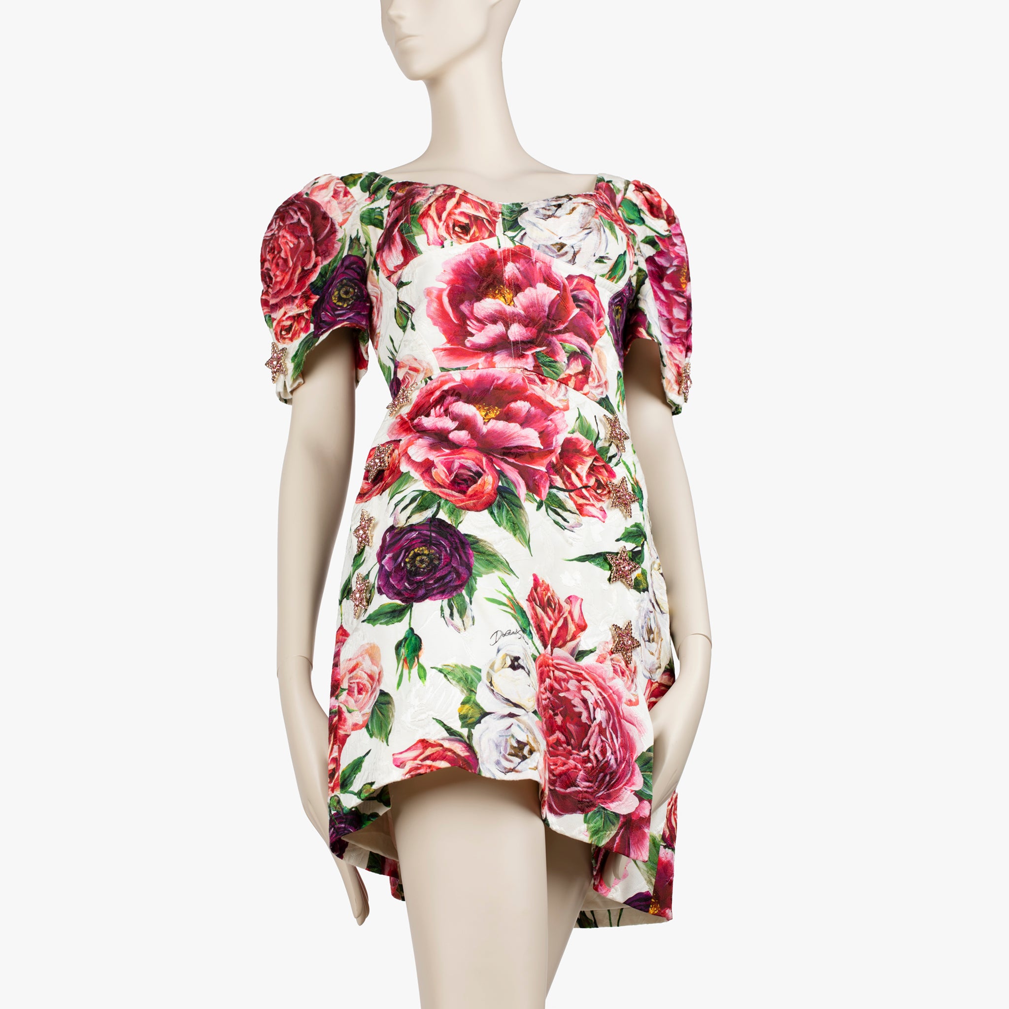 Dolce & Gabbana Floral Jacquard Mini Dress with Star Brooch Details - Size 42 IT