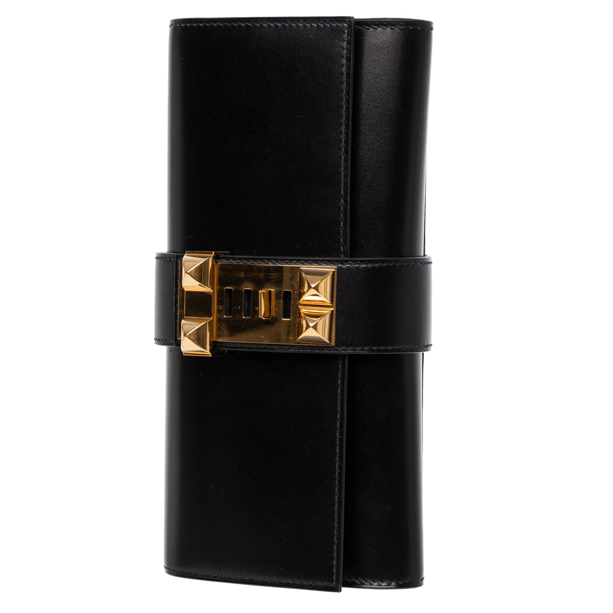 Hermes Medor Clutch Black Box Leather Gold Hardware