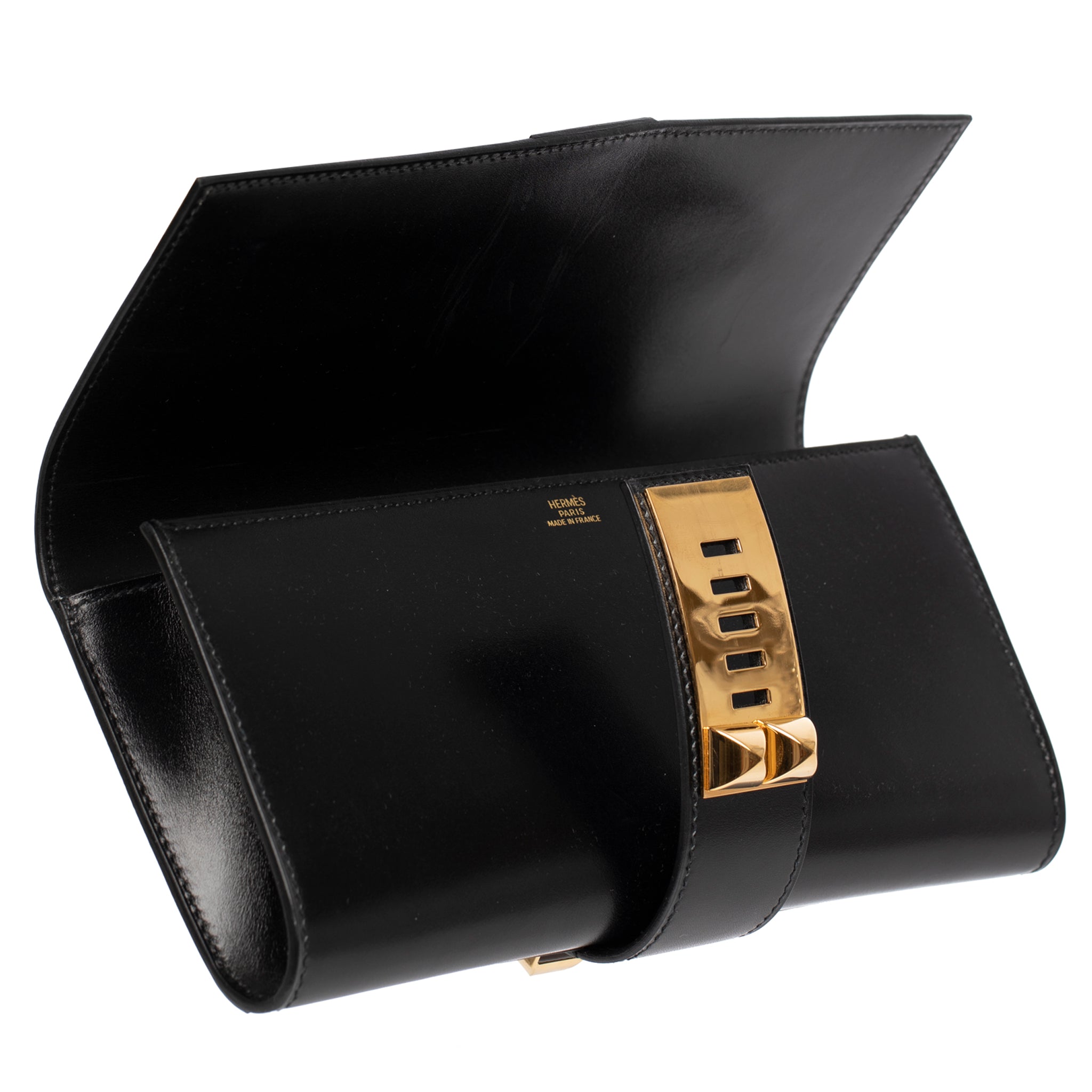 Hermes Medor Clutch Black Box Leather Gold Hardware