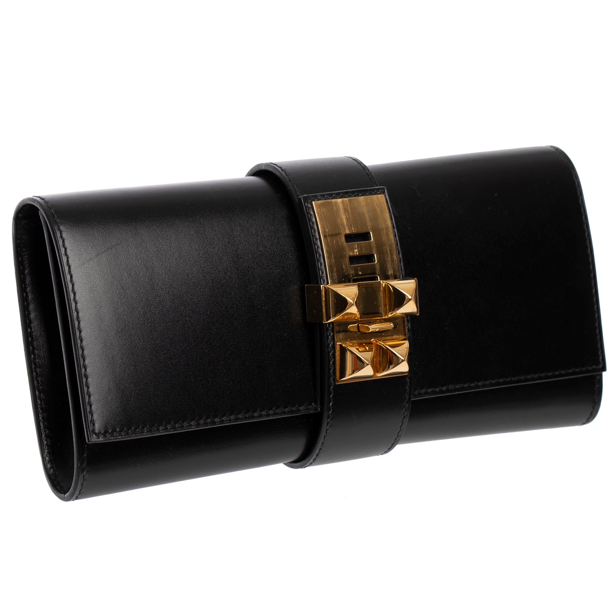 Hermes Medor Clutch Black Box Leather Gold Hardware