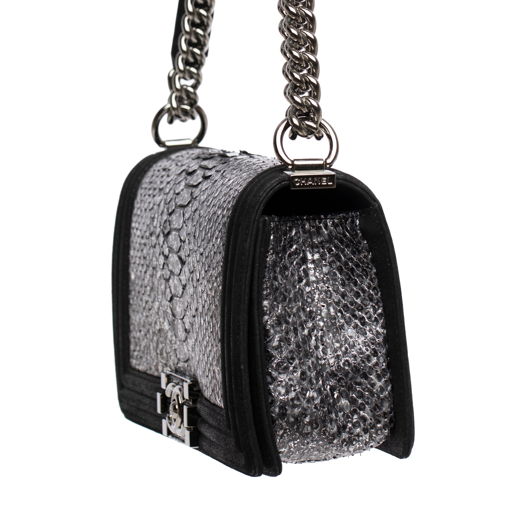 Chanel Silver Python Leather & Black Metallic Goatskin Leather Medium Le Boy Ruthenium Hardware