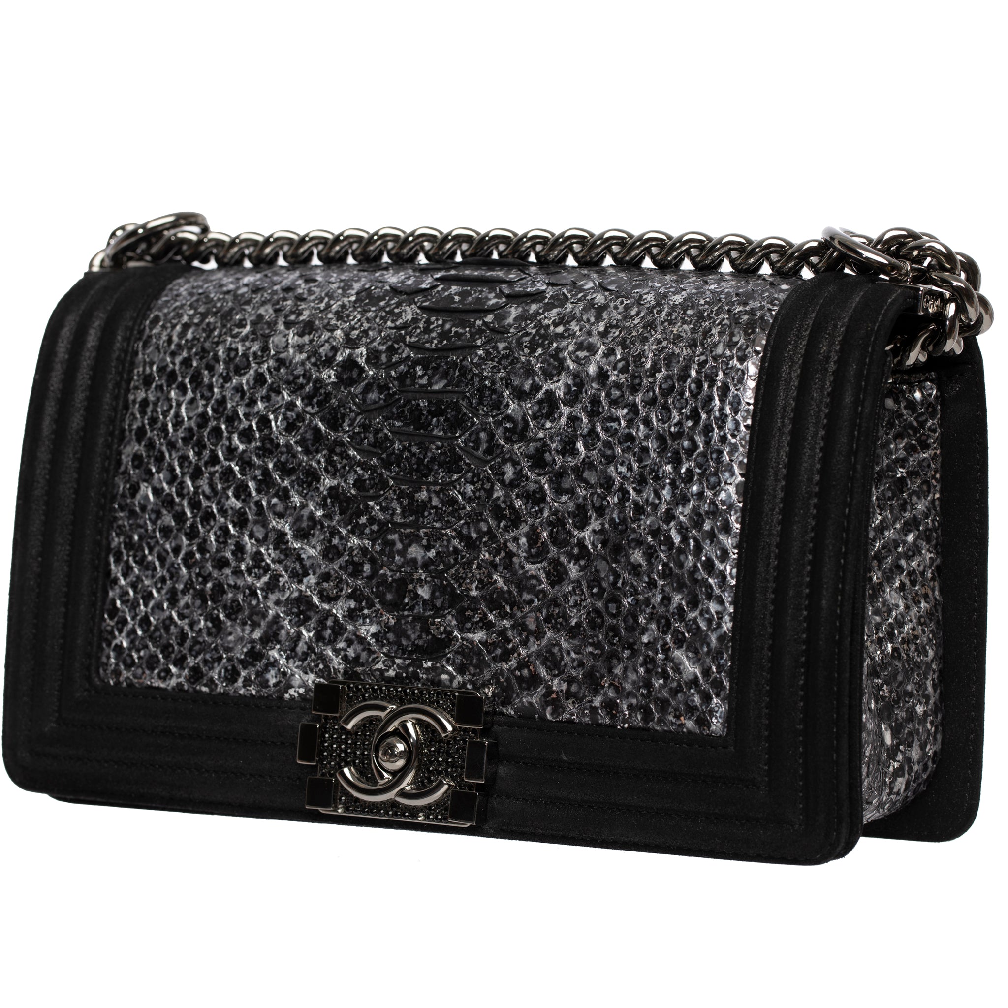 Chanel Silver Python Leather & Black Metallic Goatskin Leather Medium Le Boy Ruthenium Hardware