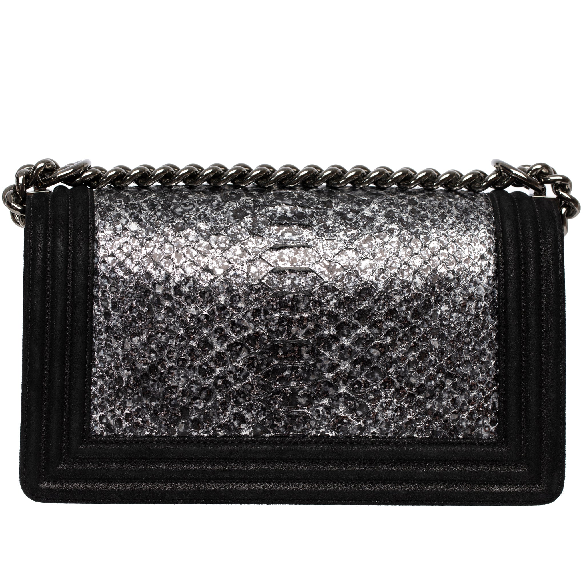 Chanel Silver Python Leather & Black Metallic Goatskin Leather Medium Le Boy Ruthenium Hardware