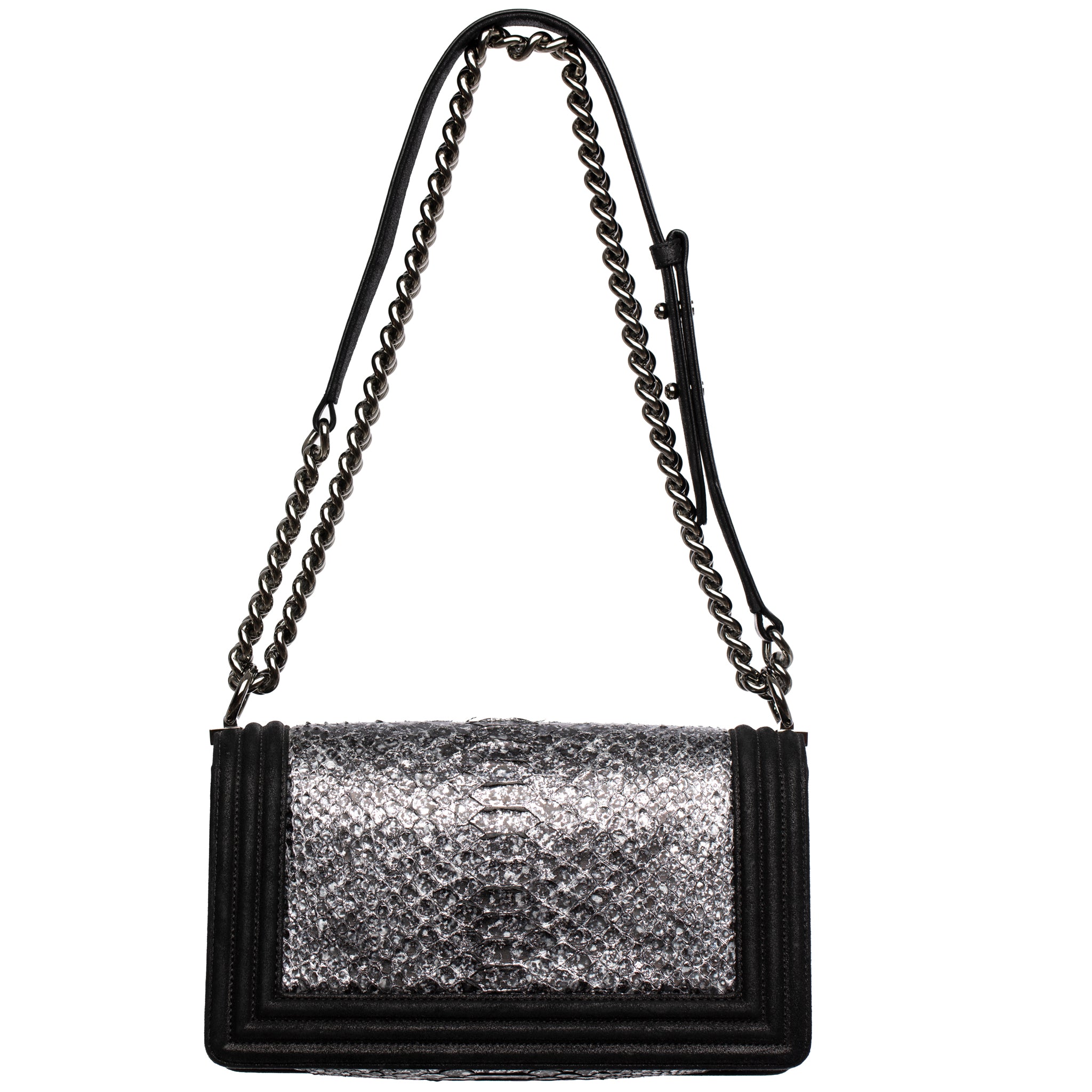 Chanel Silver Python Leather & Black Metallic Goatskin Leather Medium Le Boy Ruthenium Hardware