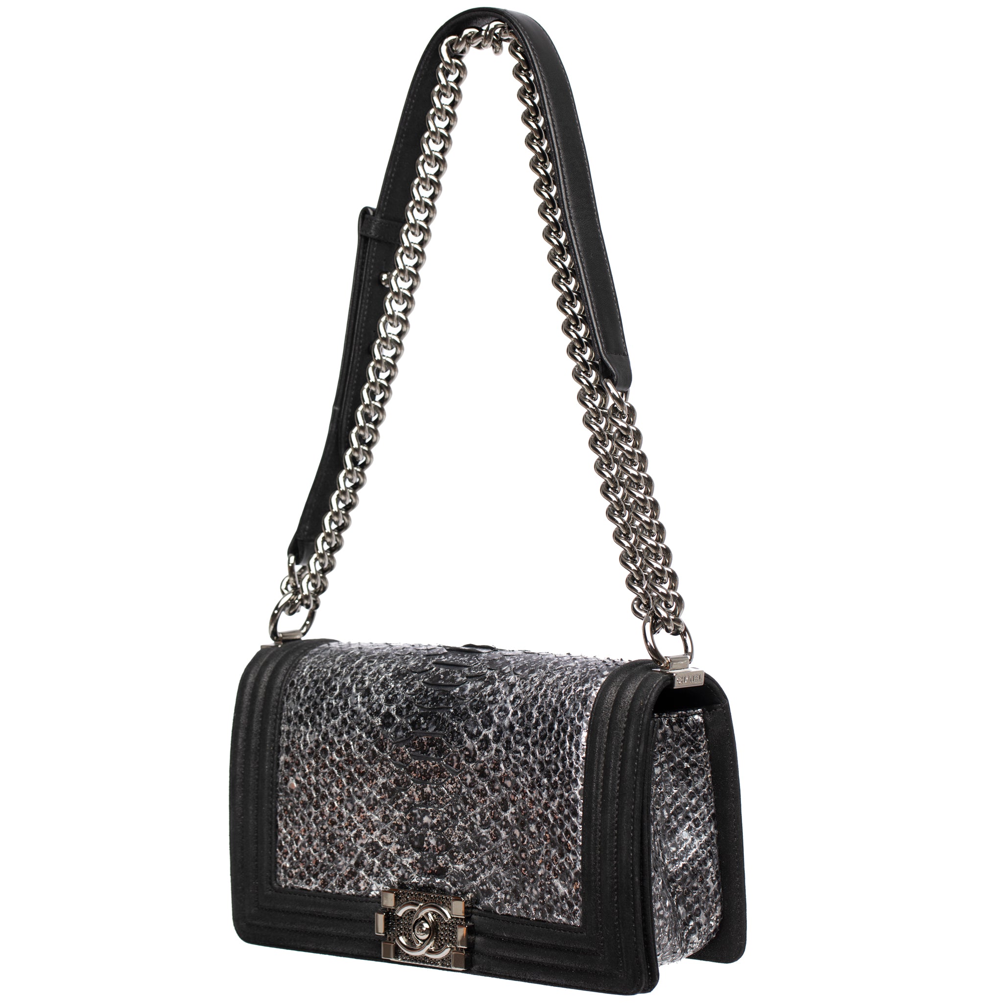 Chanel Silver Python Leather & Black Metallic Goatskin Leather Medium Le Boy Ruthenium Hardware