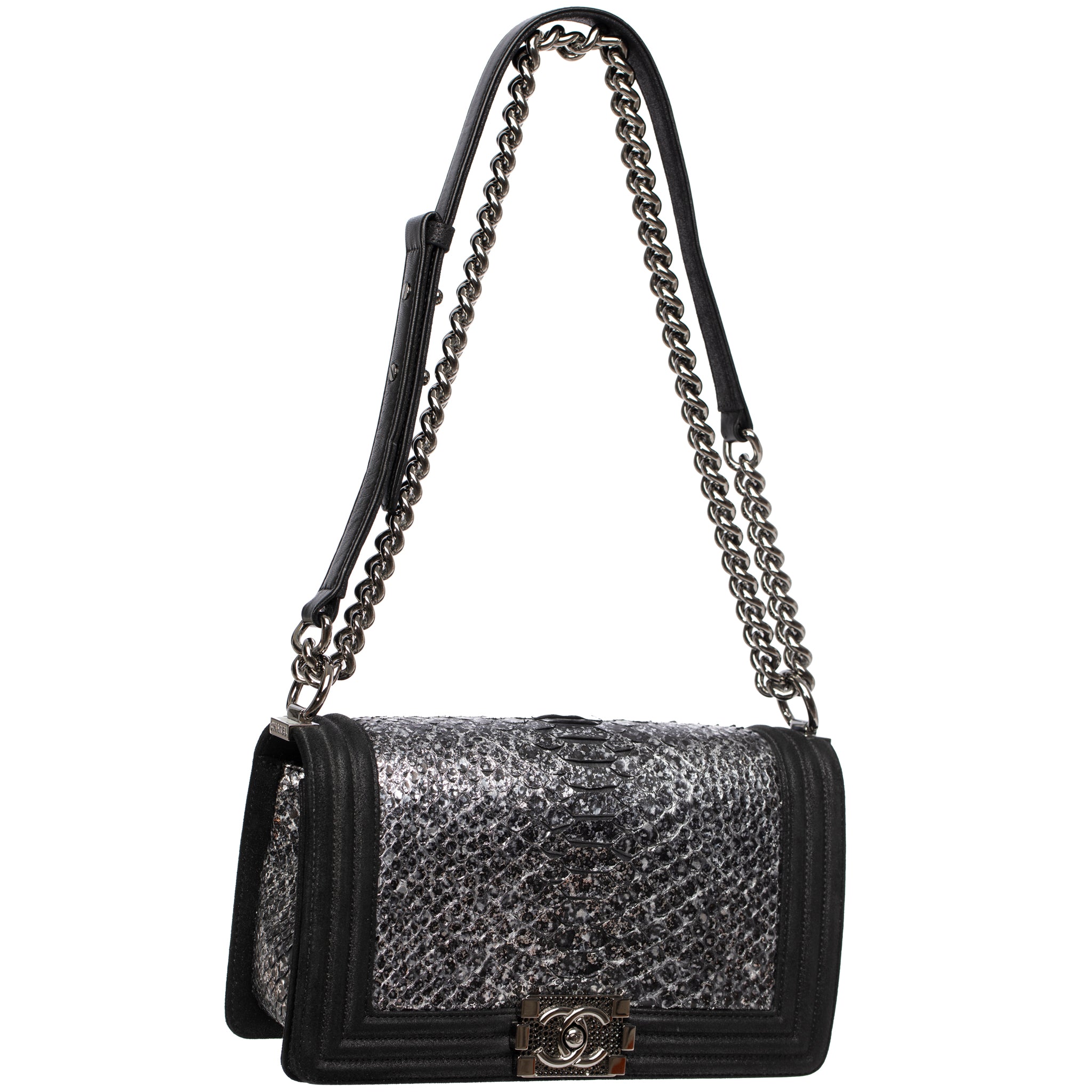 Chanel Silver Python Leather & Black Metallic Goatskin Leather Medium Le Boy Ruthenium Hardware