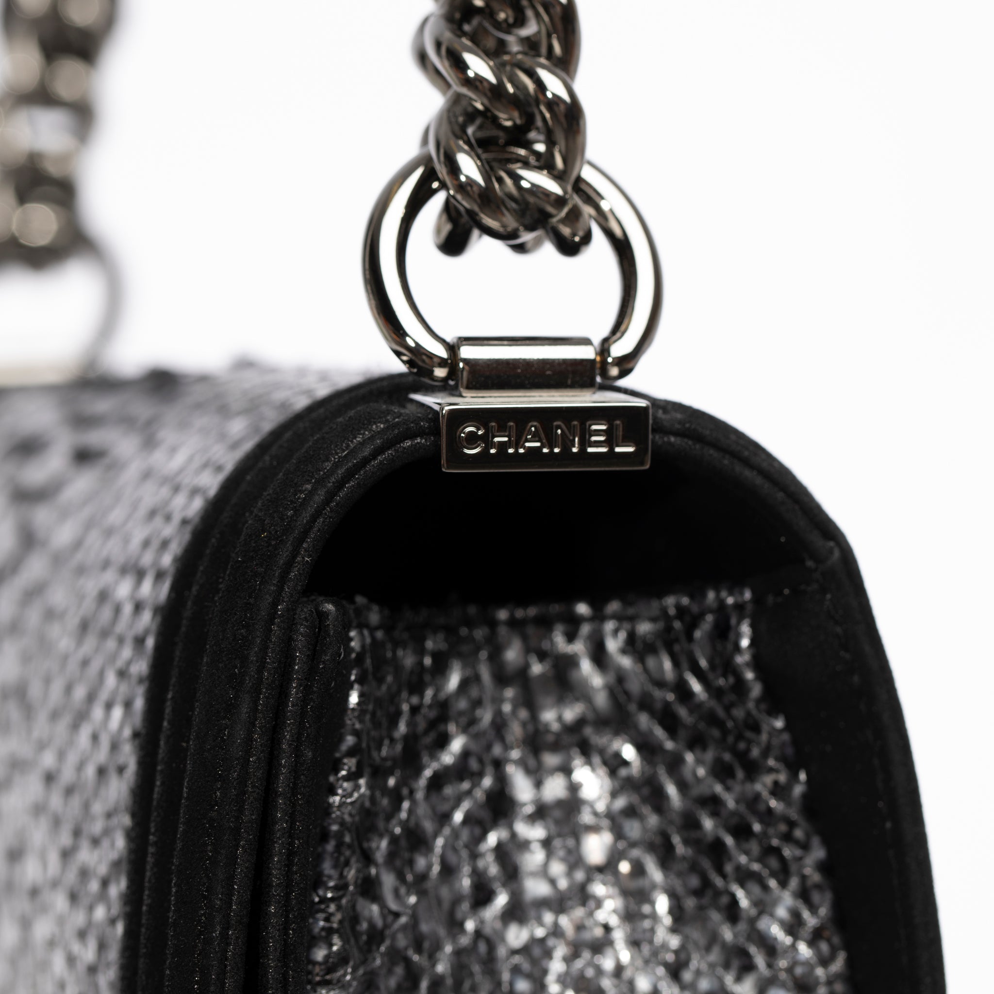 Chanel Silver Python Leather & Black Metallic Goatskin Leather Medium Le Boy Ruthenium Hardware