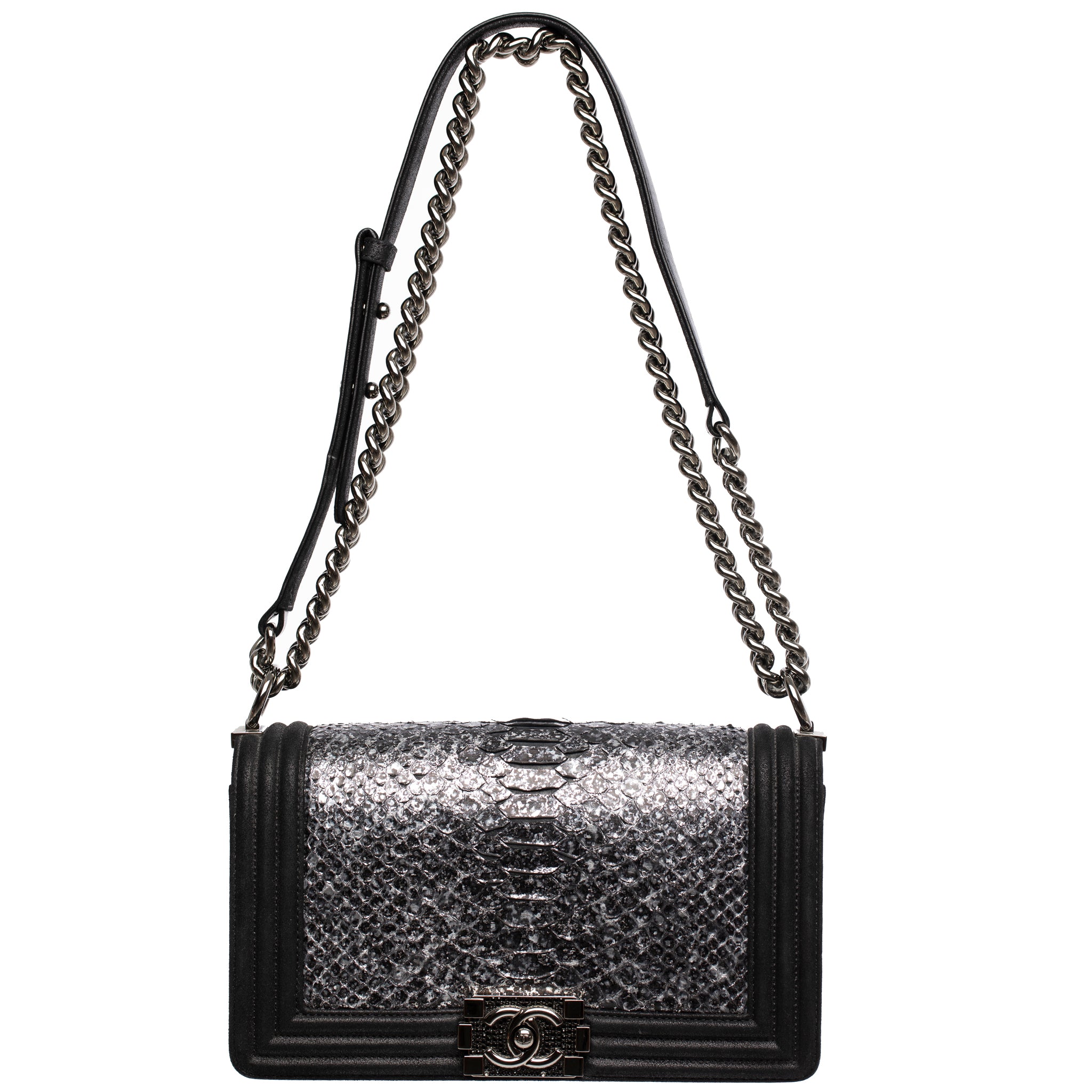 Chanel Silver Python Leather & Black Metallic Goatskin Leather Medium Le Boy Ruthenium Hardware