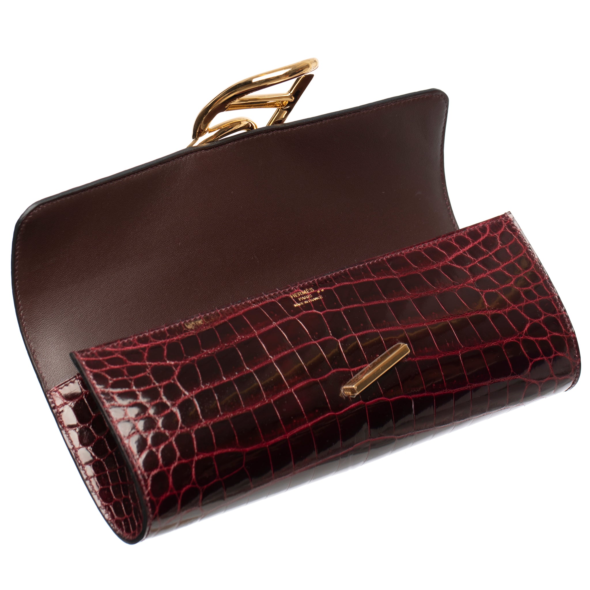 Hermes Egee Clutch Bordeaux Shiny Niloticus Crocodile Gold Hardware