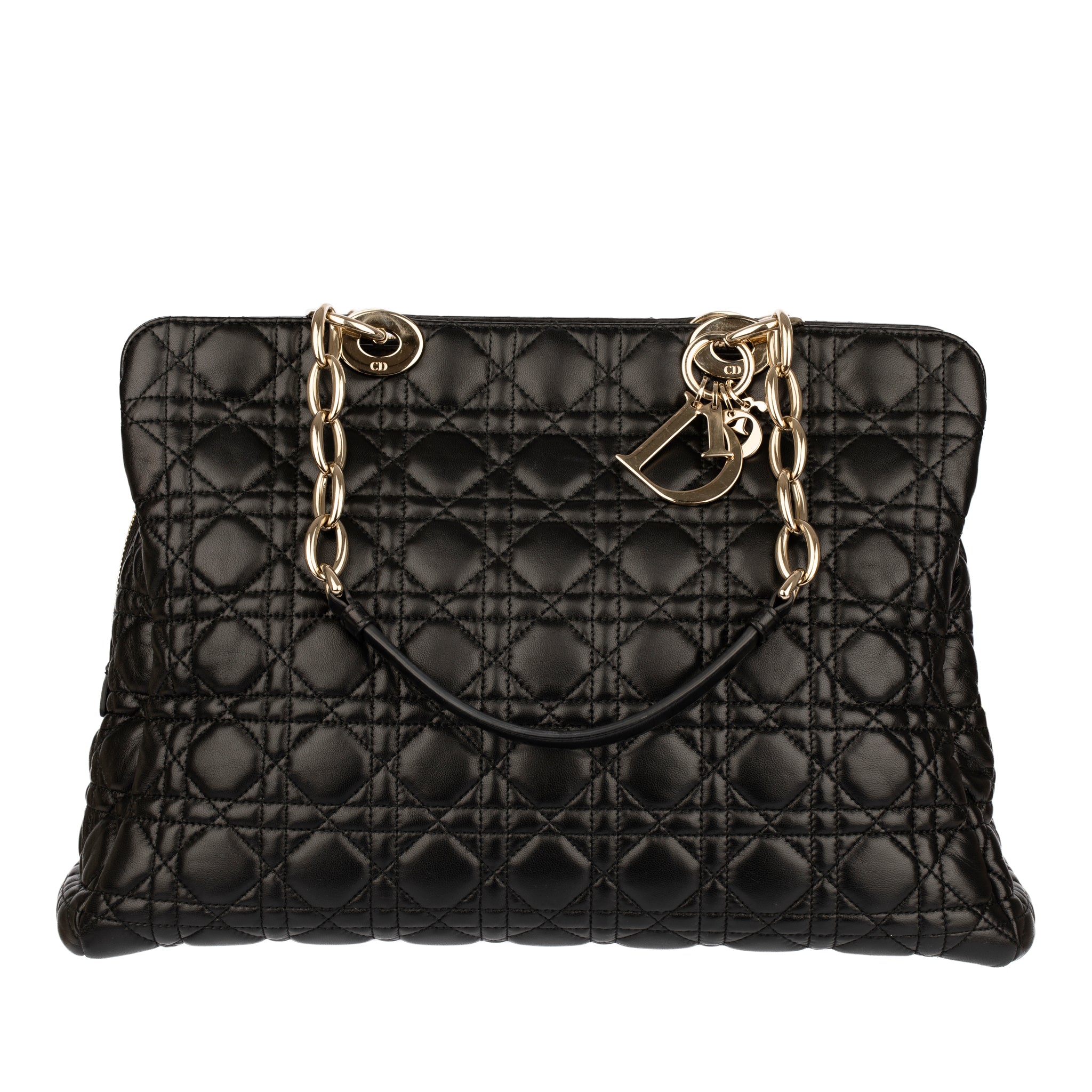 Christian Dior Black Quilted Lambskin Cannage Tote Champagne Tone Hardware