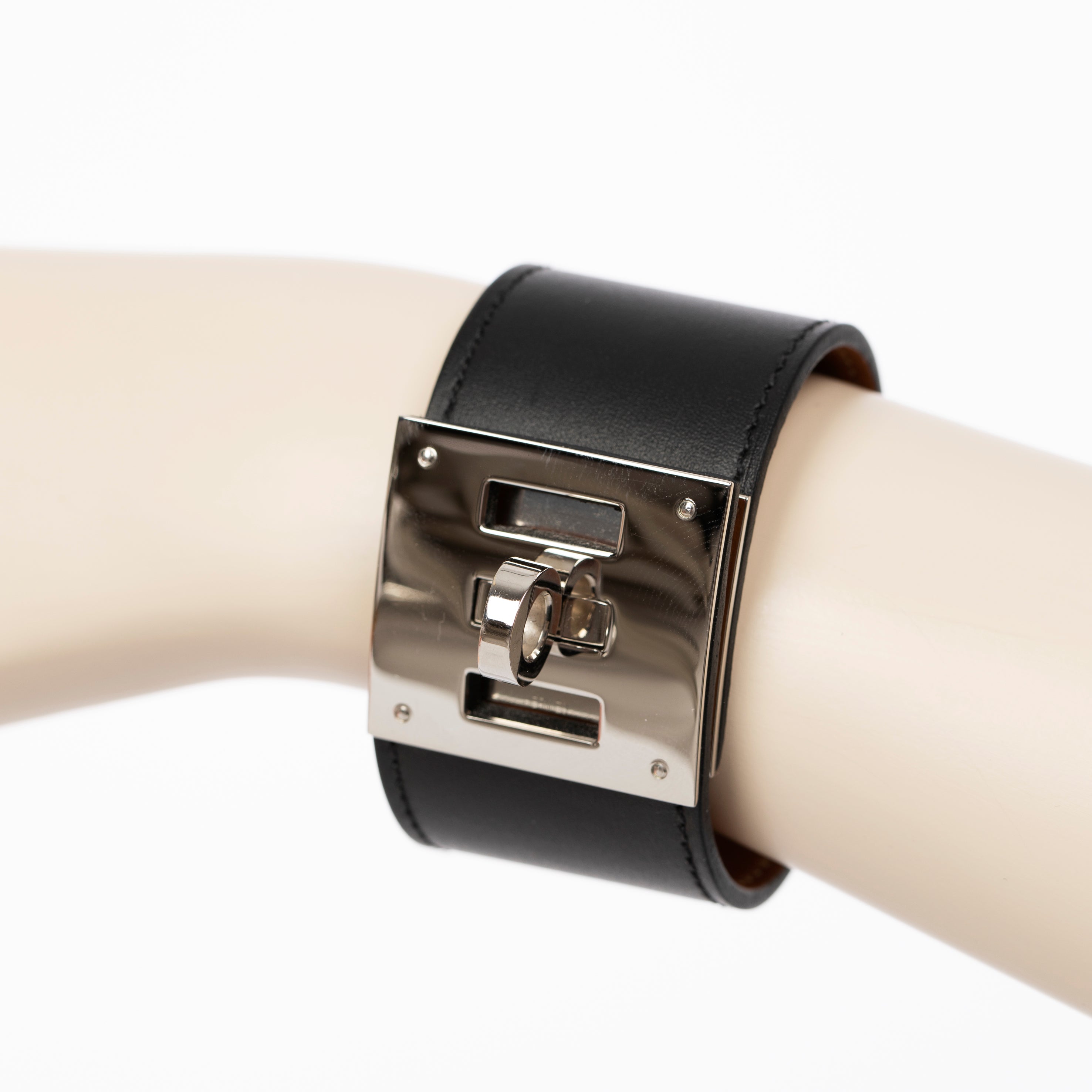 Hermes Kelly Dog Bracelet In Black Swift Leather & Palladium Hardware