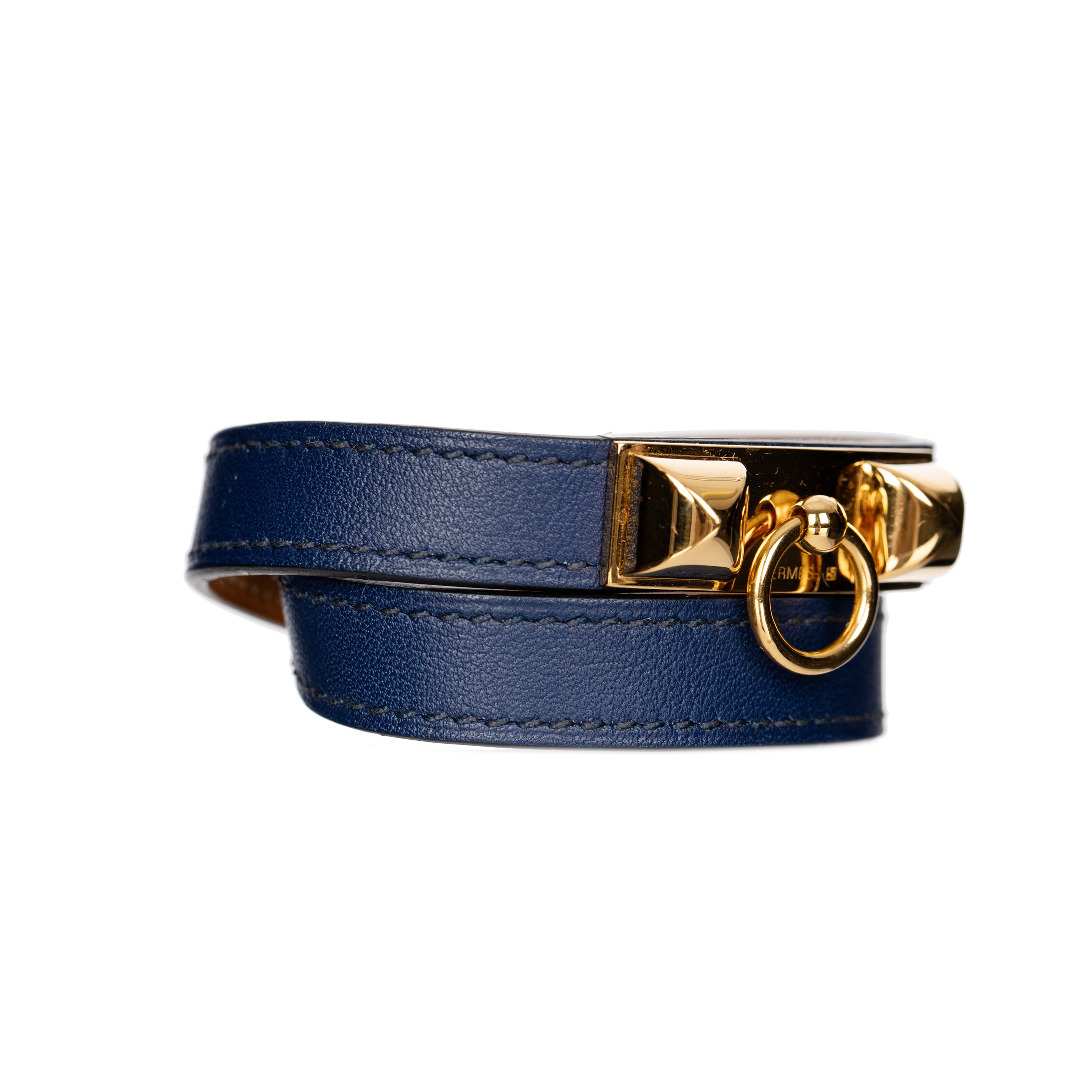 Hermes Rivale Double Tour Navy Bracelet With Gold Tone Hardware