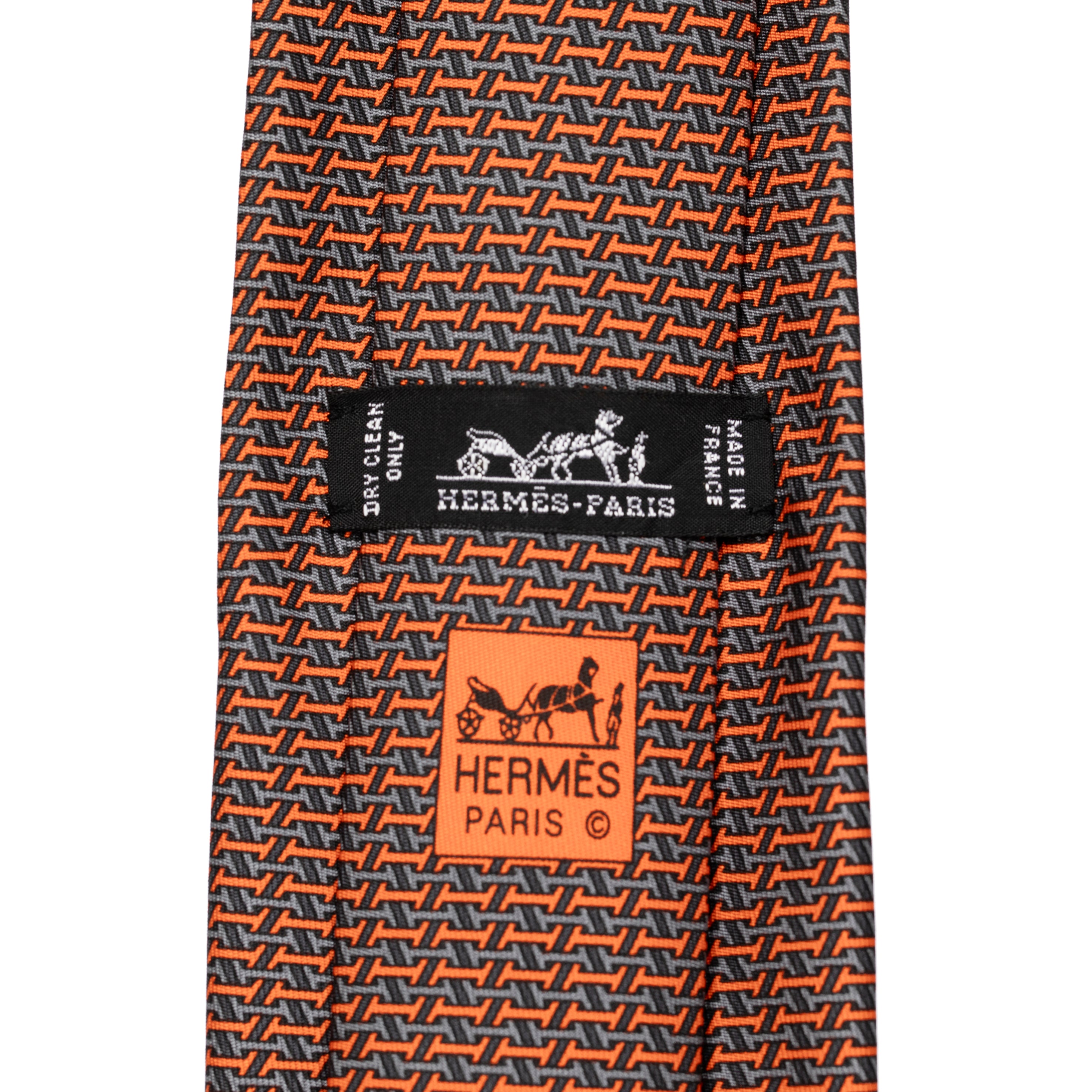 Hermes Mens Orange & Grey H Pattern Silk Tie