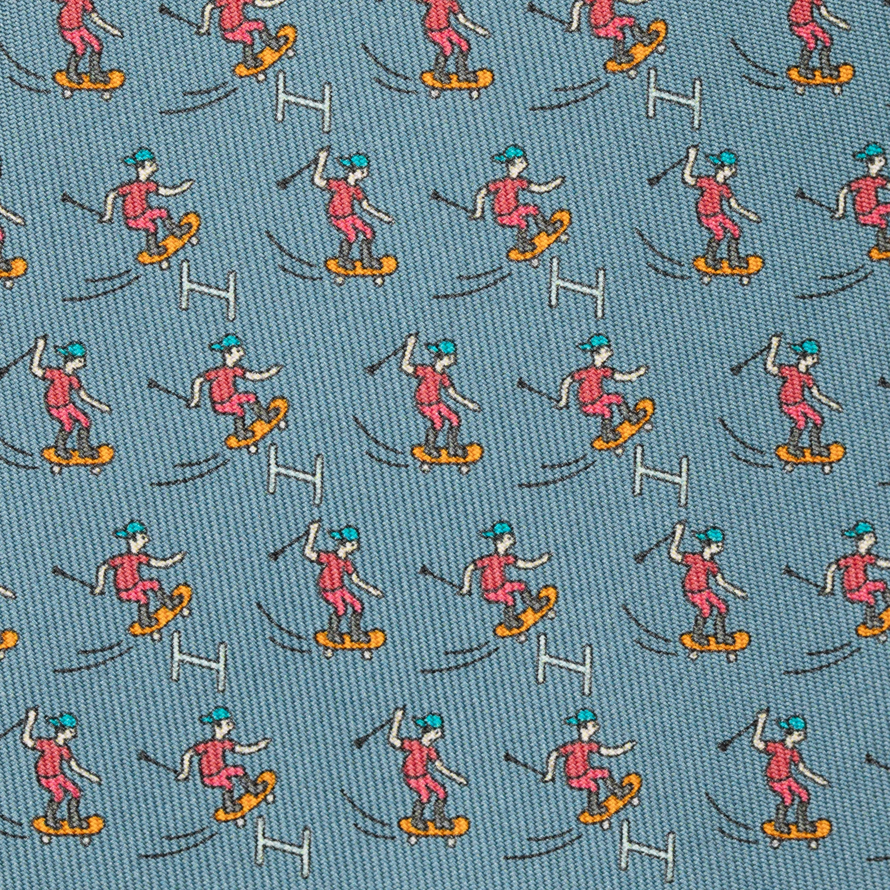 Hermes Mens Blue Tie With Skateboarding Motif