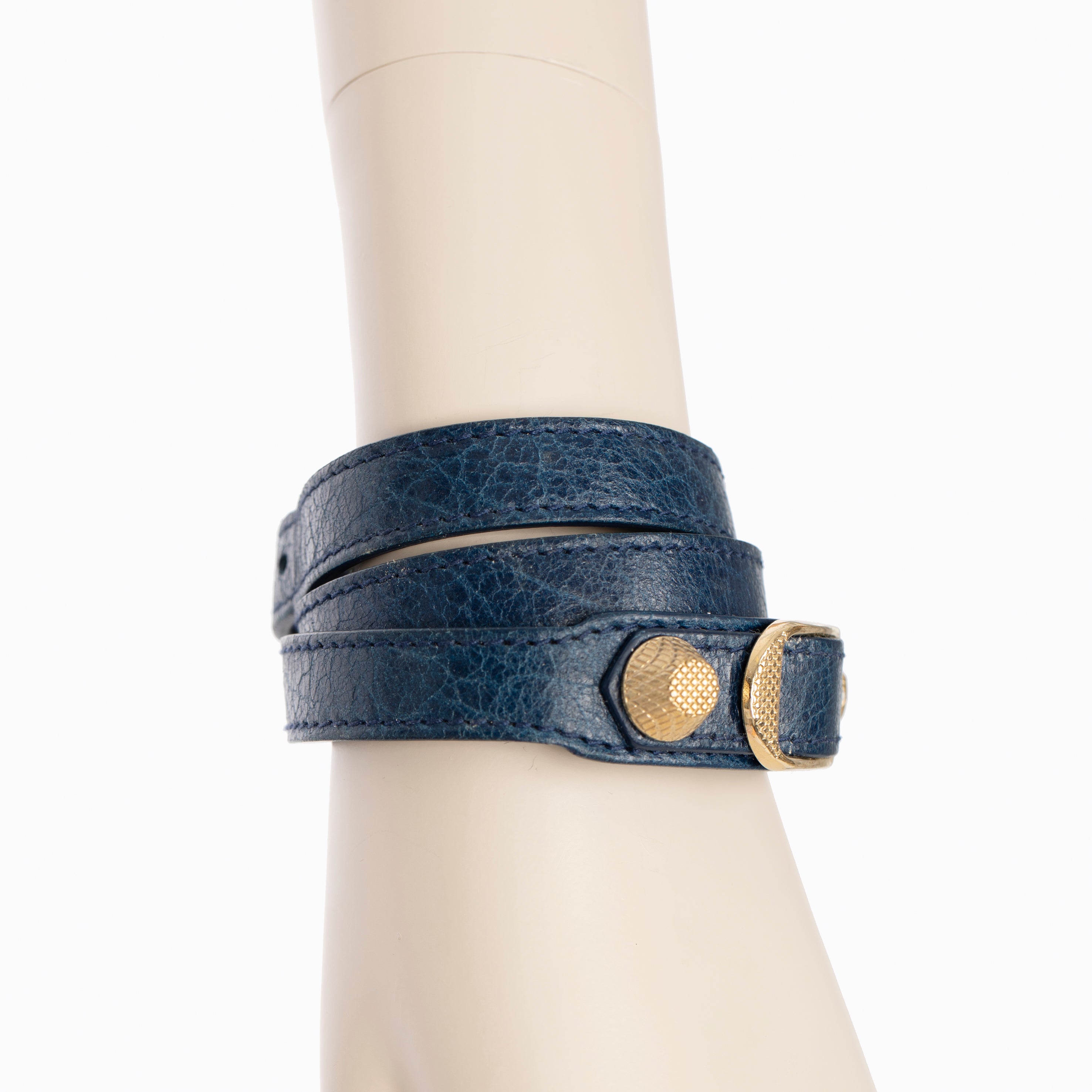 Balenciaga Navy Leather Double Wrap Bracelet With Gold Tone Hardware