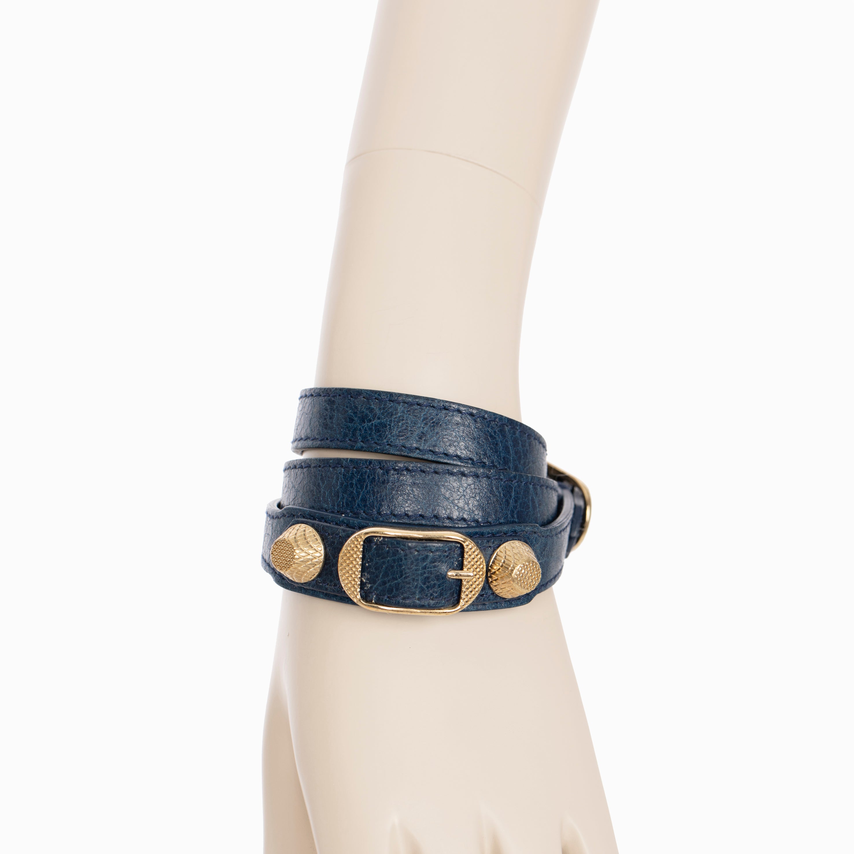Balenciaga Navy Leather Double Wrap Bracelet With Gold Tone Hardware