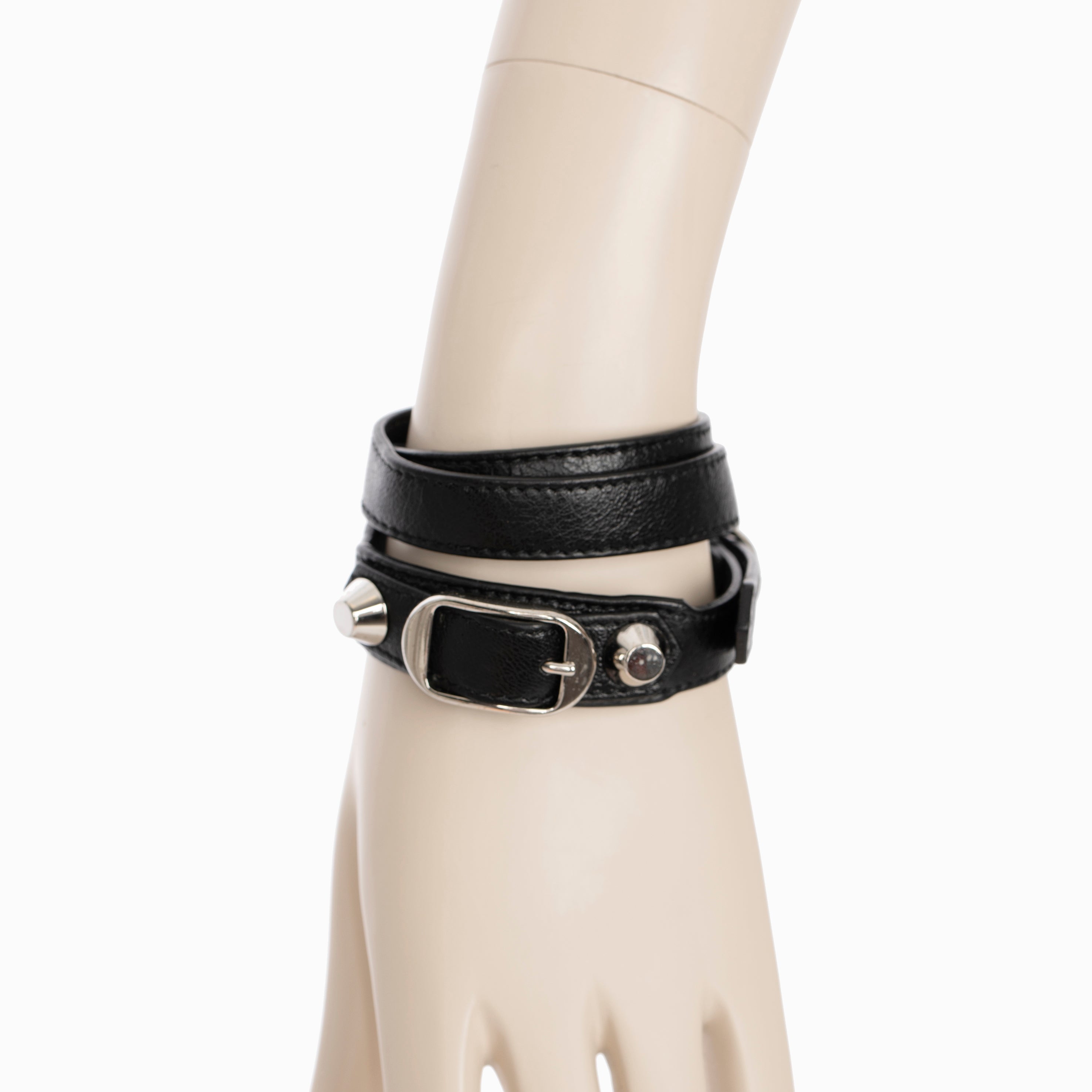 Balenciaga Black Leather Double Wrap Bracelet With Silver Tone Hardware