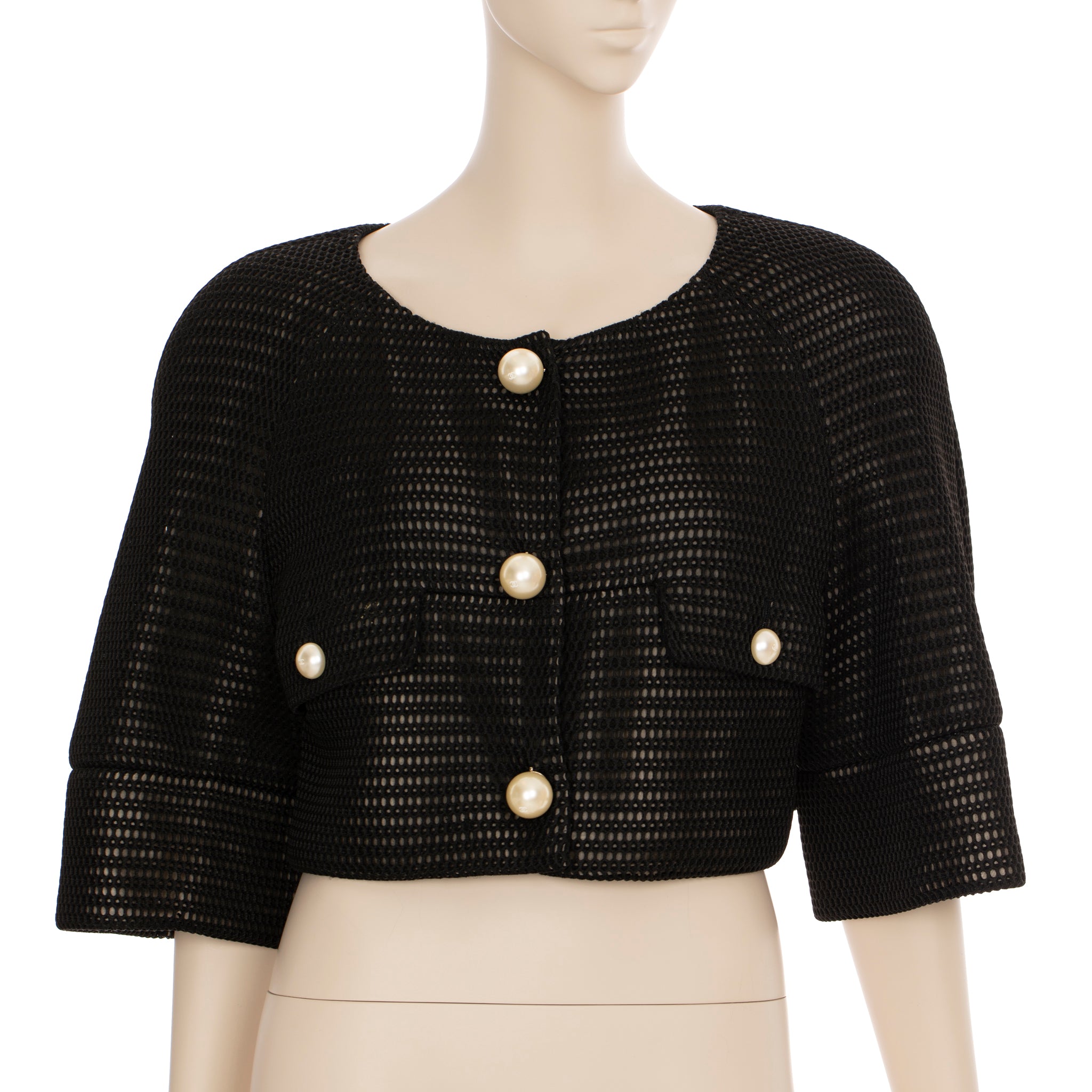 Chanel Crop Mesh Black Jacket With Faux Pearl Details 42 FR