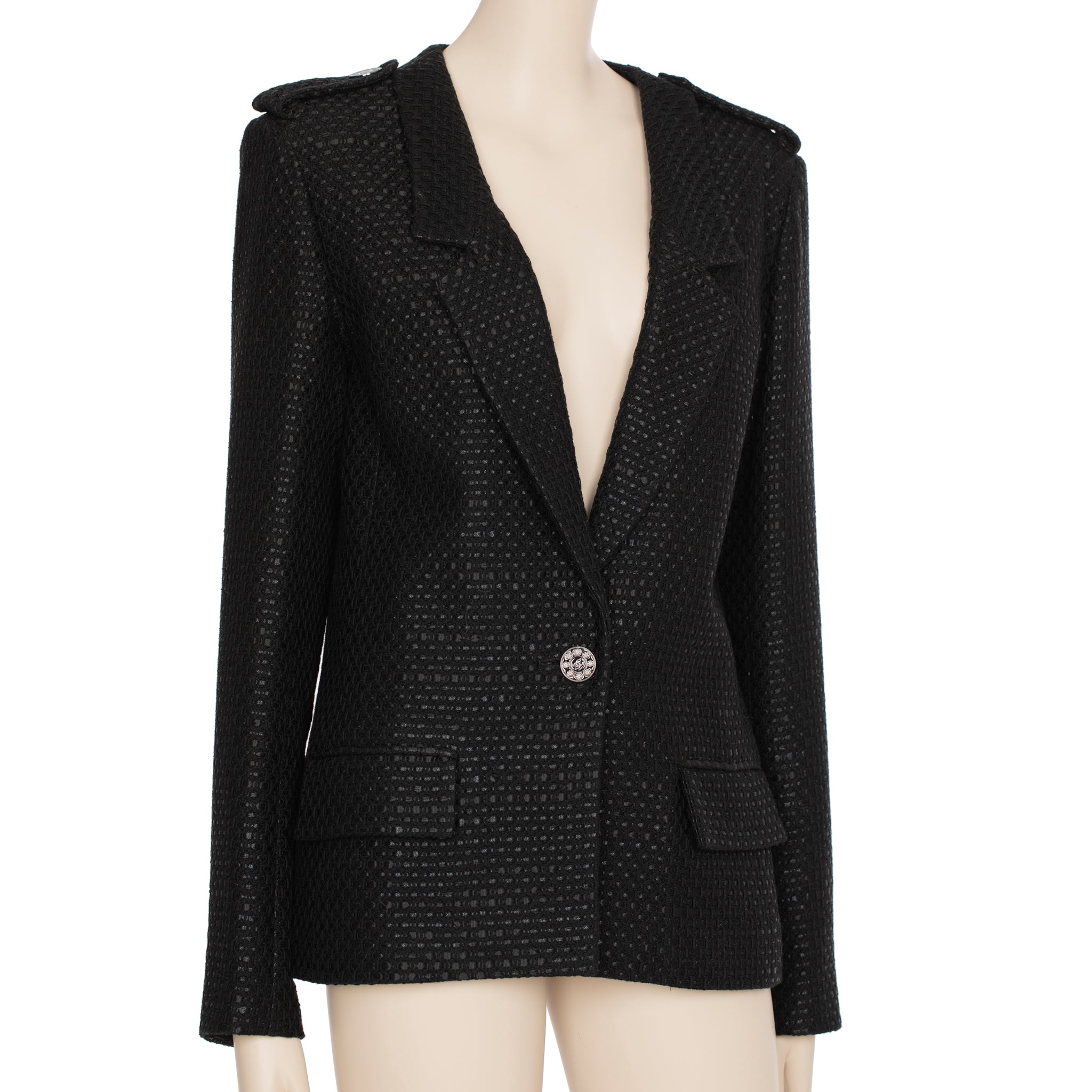 Chanel Black Tweed Blazer Single Button 42 FR