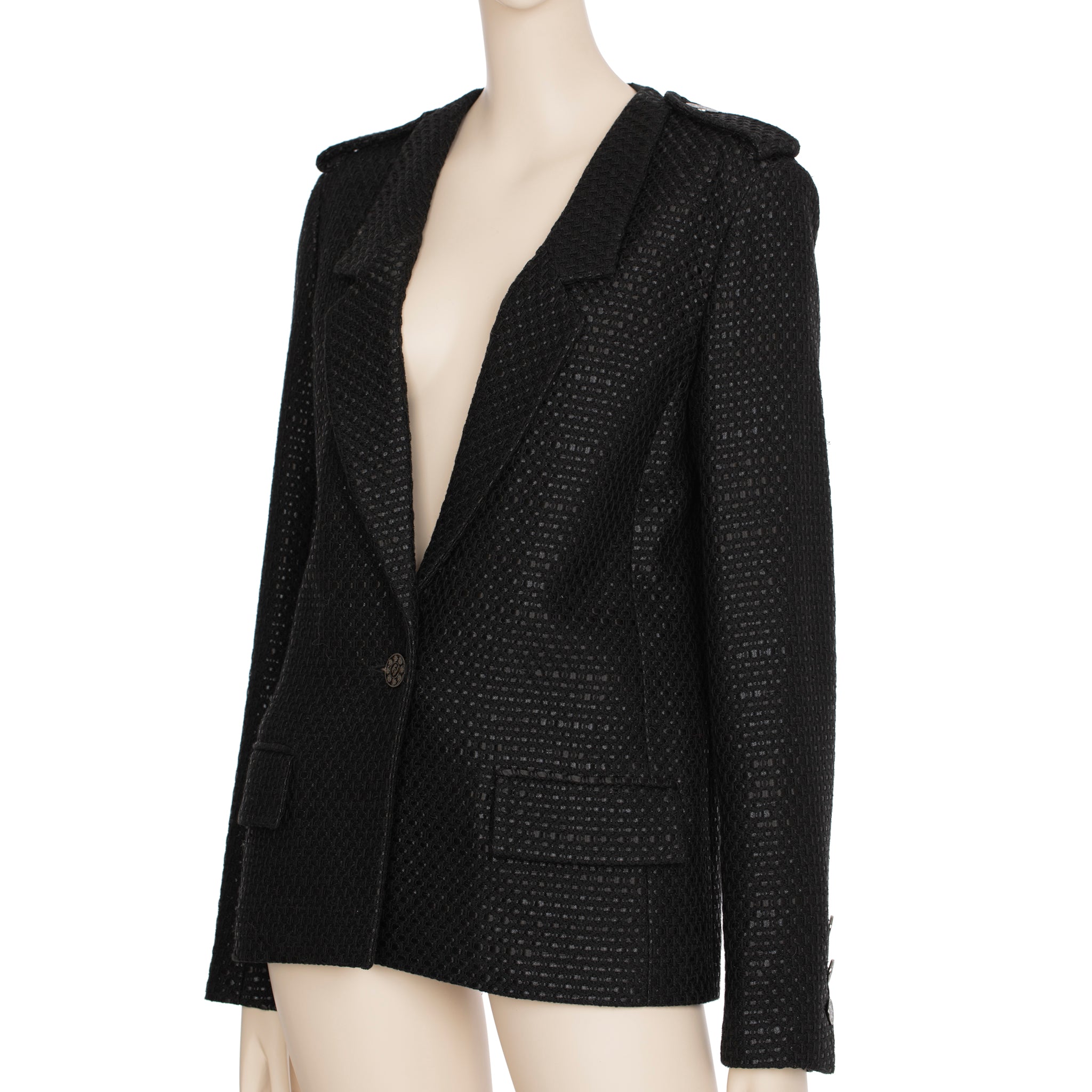 Chanel Black Tweed Blazer Single Button 42 FR