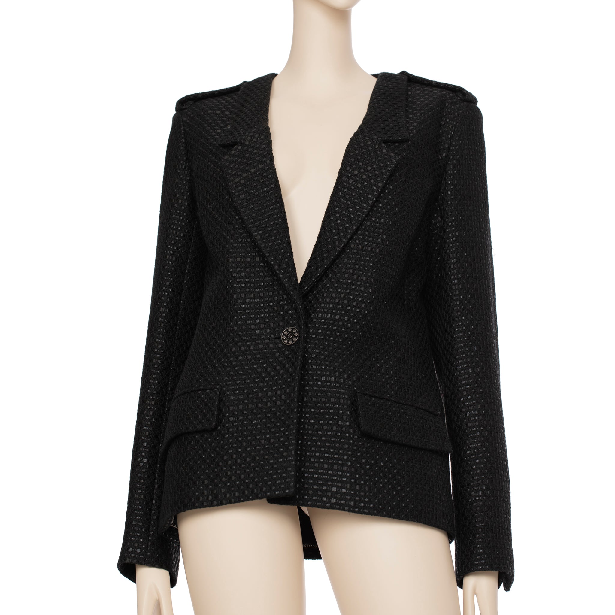 Chanel Black Tweed Blazer Single Button 42 FR