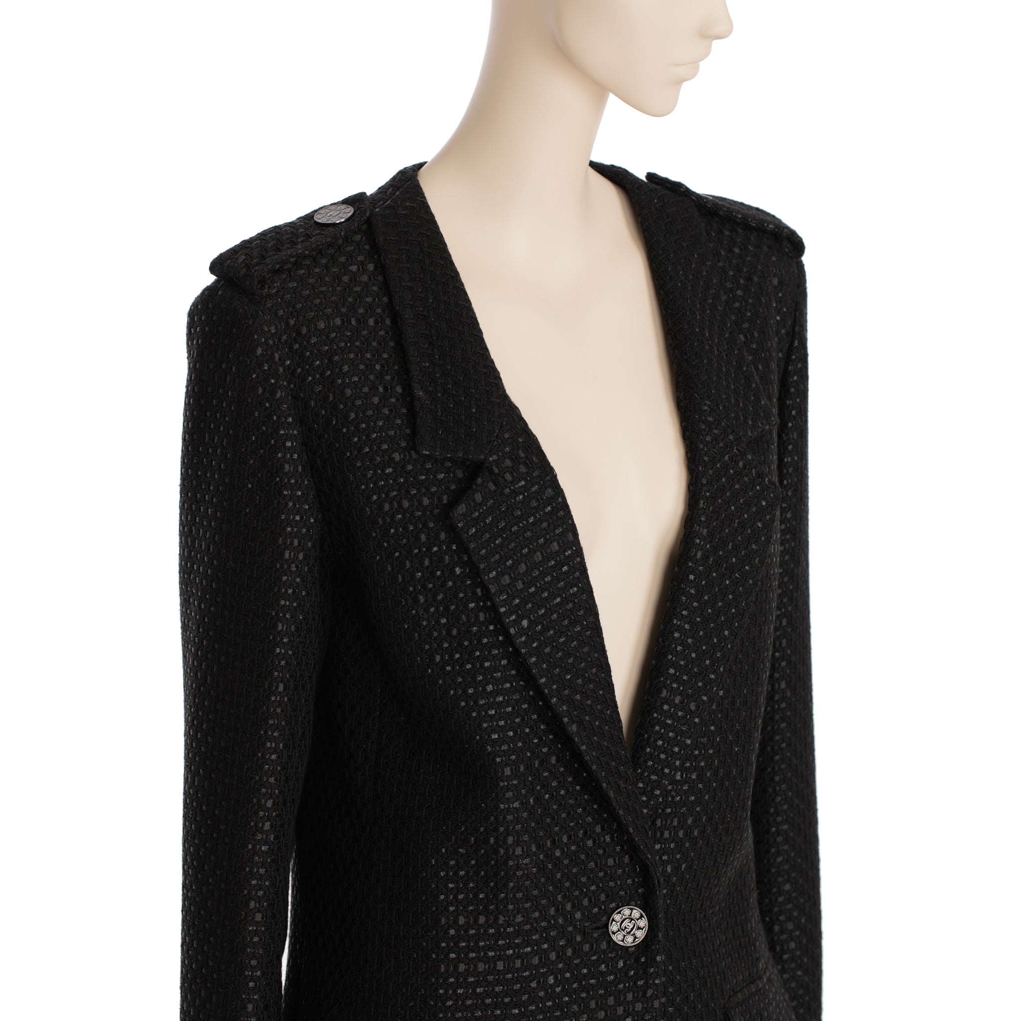 Chanel Black Tweed Blazer Single Button 42 FR