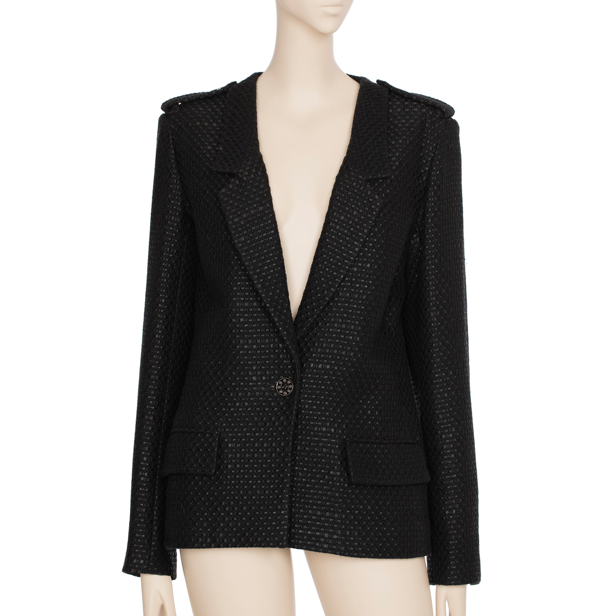 Chanel Black Tweed Blazer Single Button 42 FR