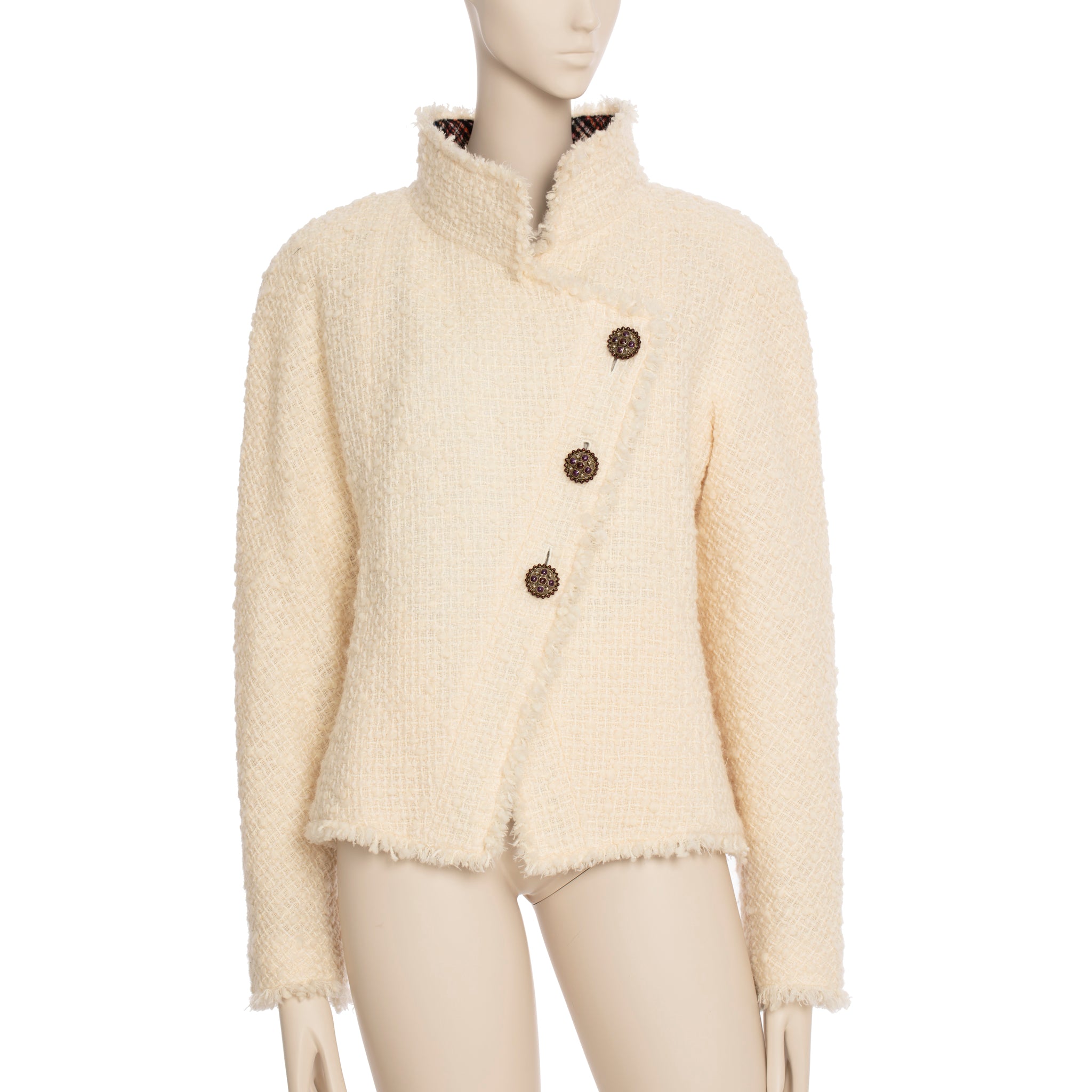 Chanel Cream Tweed Jacket With Plaid Lining 42 FR