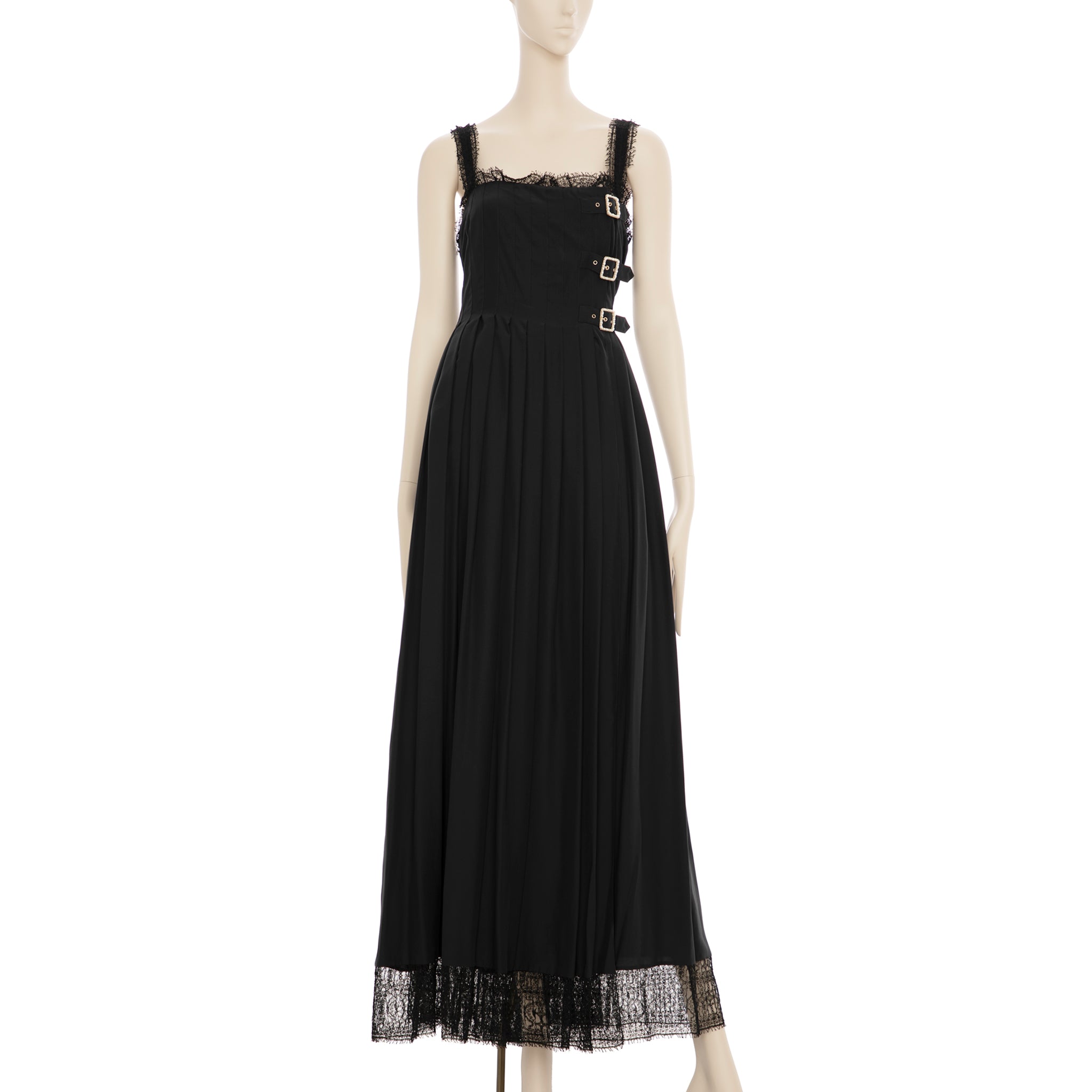 Chanel Black Dress With Lace & Faux Pearl Buckle 42 FR