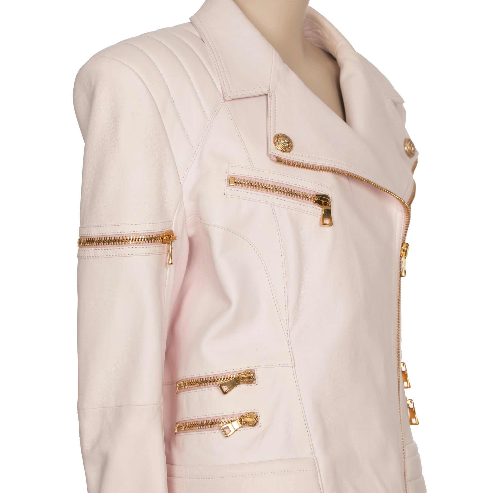 Balmain Pale Pink Leather Biker Jacket 44 FR