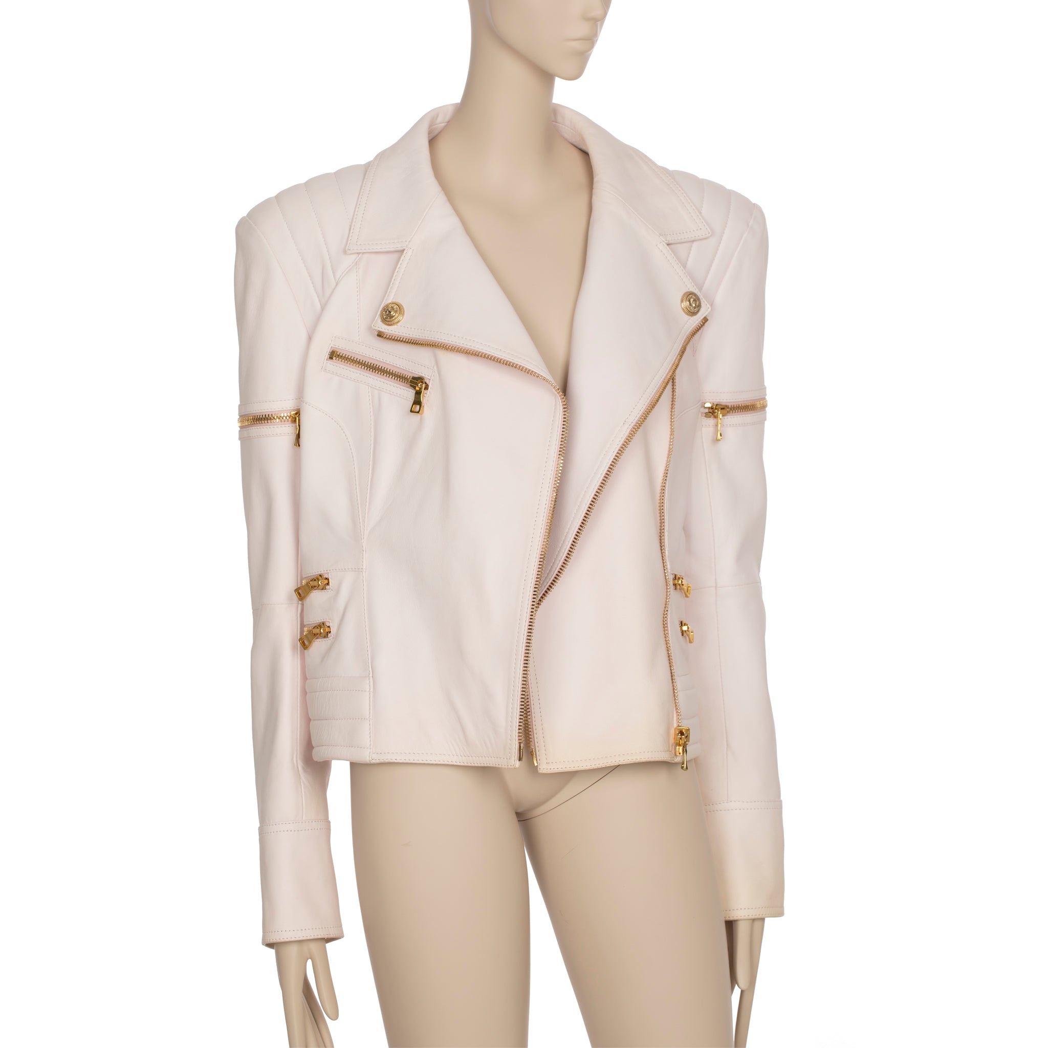 Balmain Pale Pink Leather Biker Jacket 44 FR