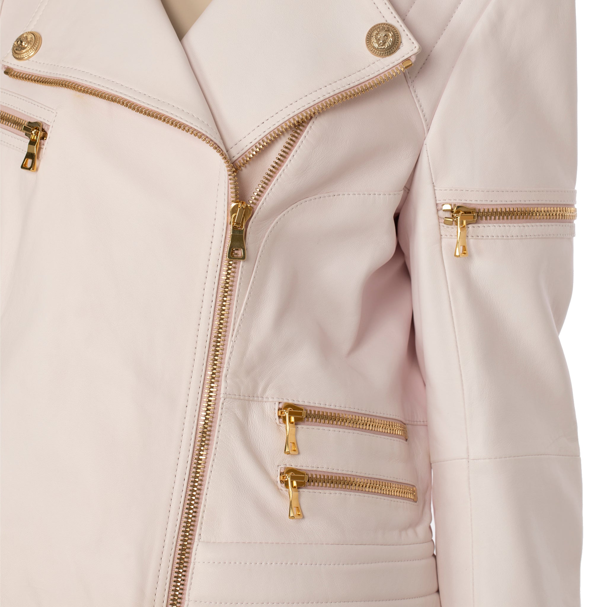 Balmain Pale Pink Leather Biker Jacket 44 FR