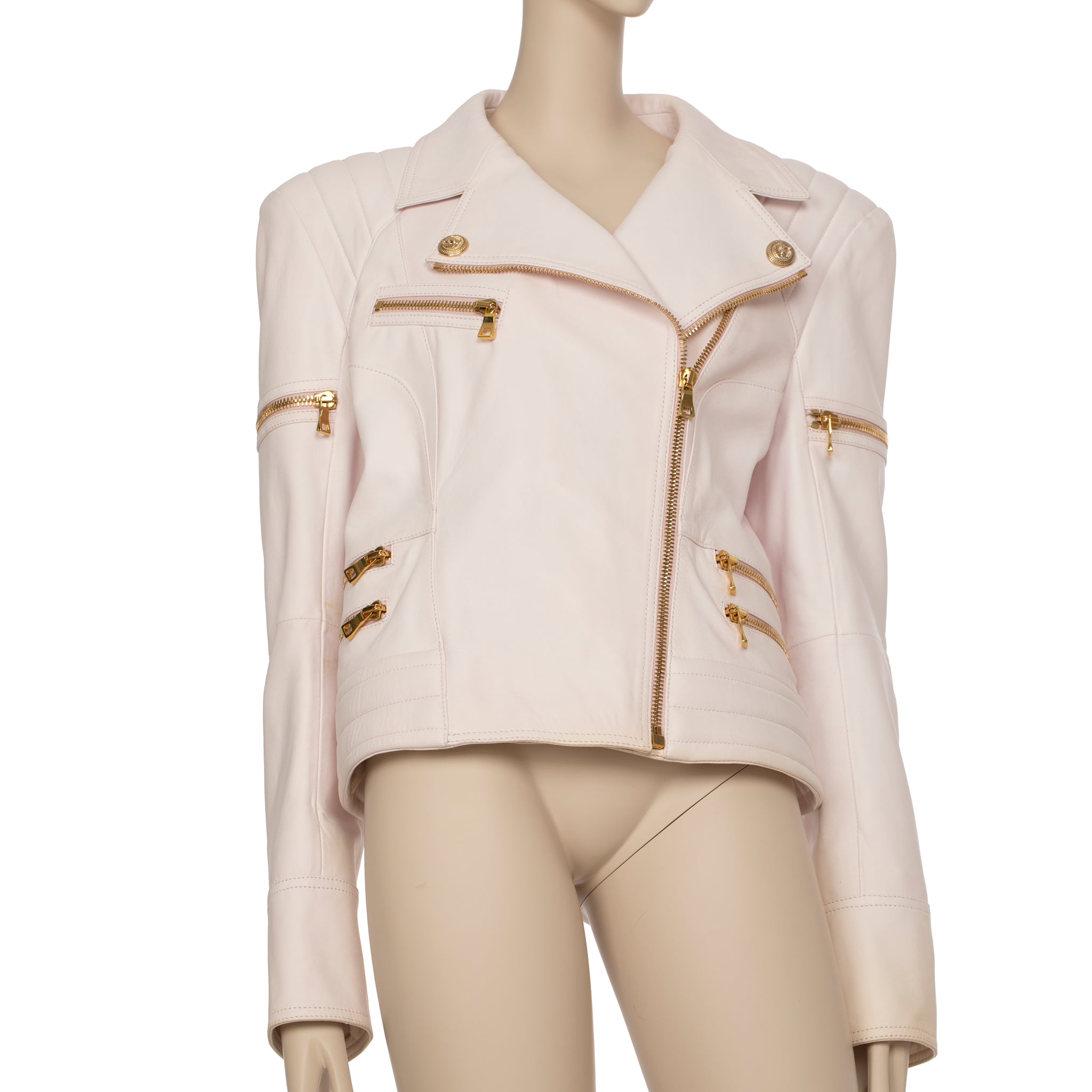 Balmain Pale Pink Leather Biker Jacket 44 FR