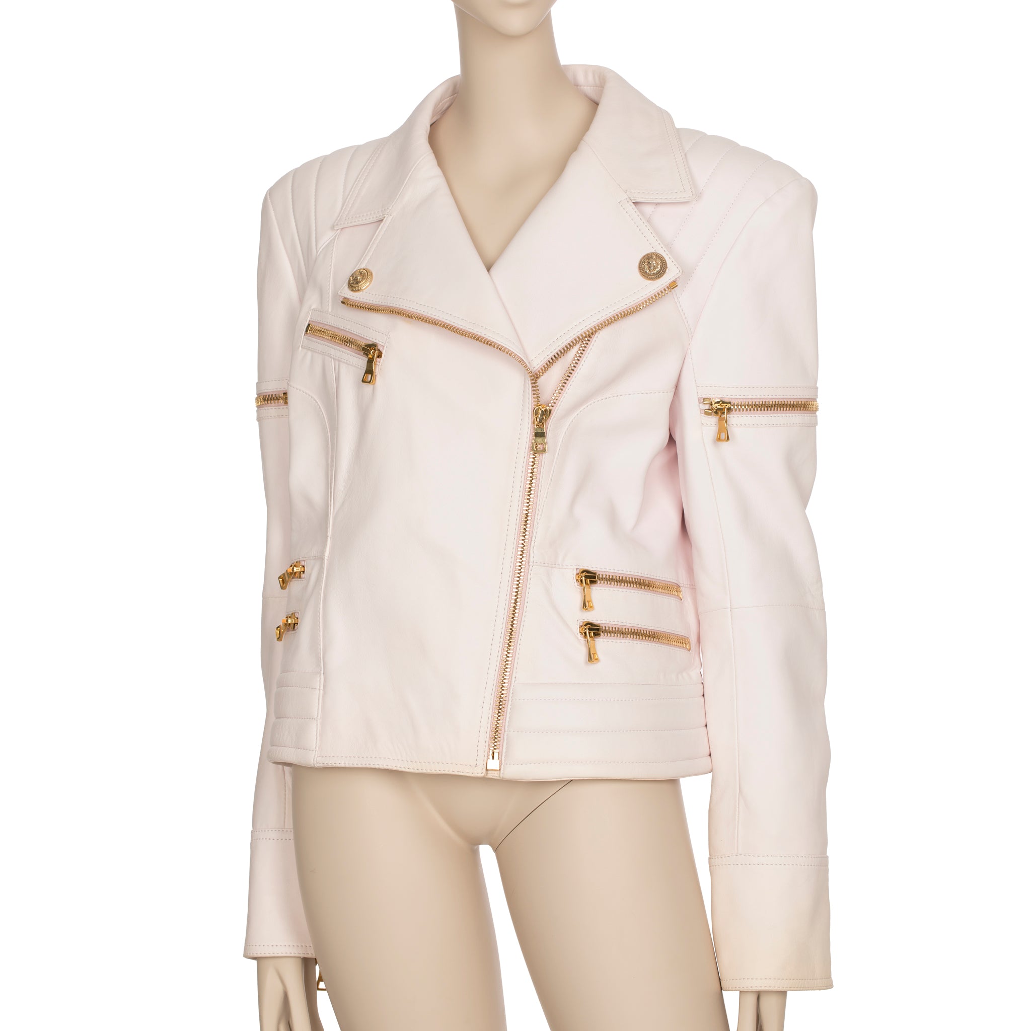 Balmain Pale Pink Leather Biker Jacket 44 FR