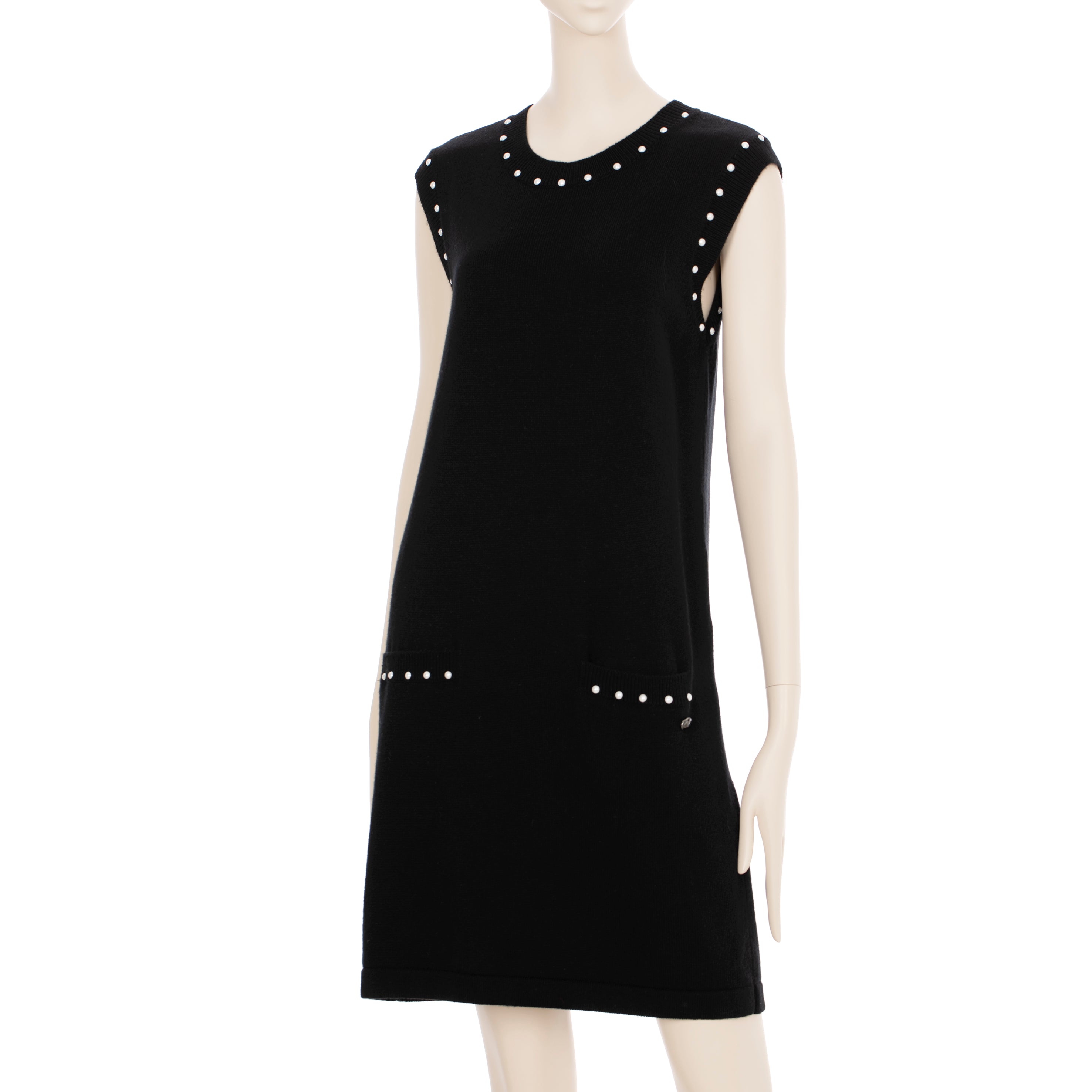 Chanel Black Knit Dress With Faux Pearl Details 40 FR