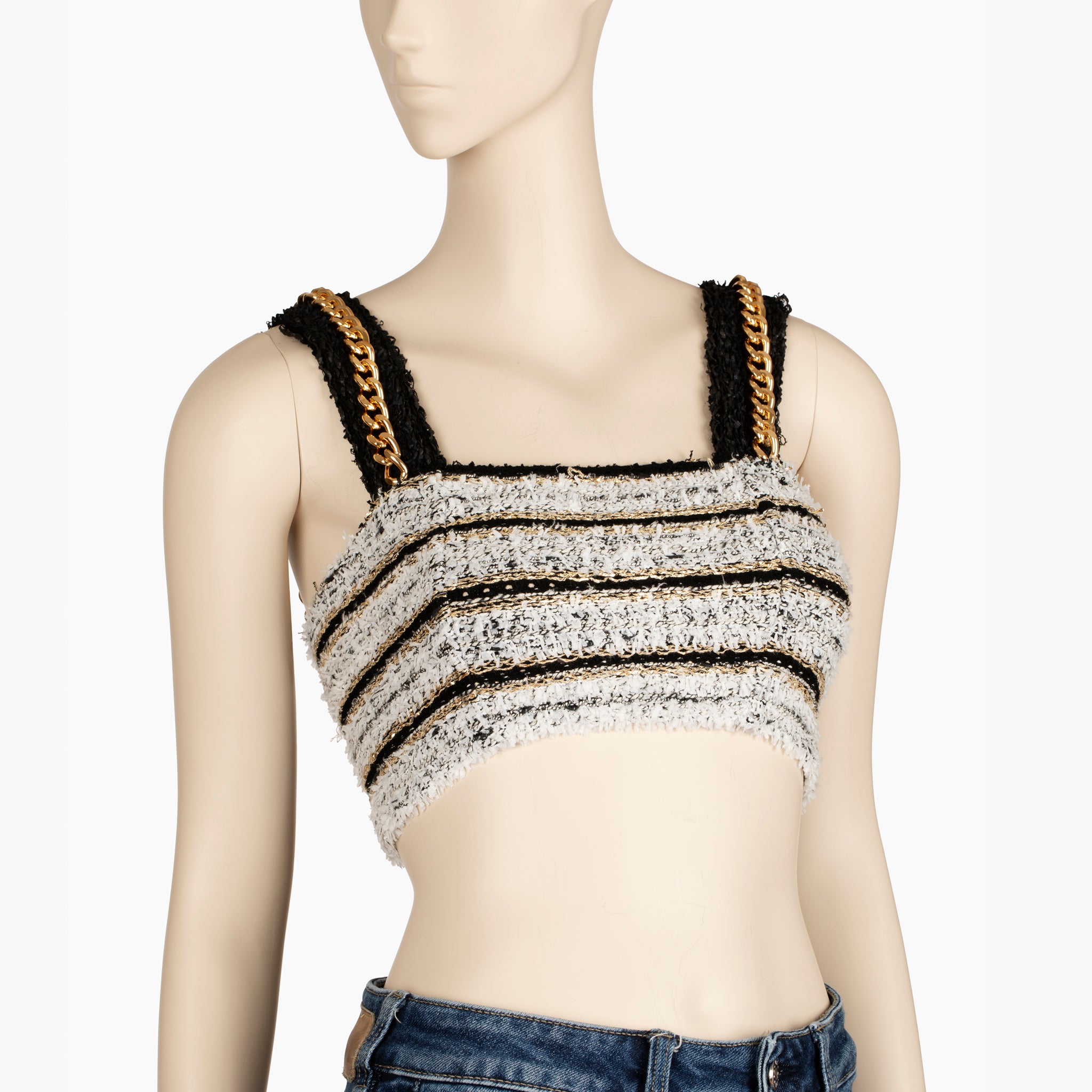 Balmain Paris Chain-Strap Cropped Bouclé Top in Monochrome - 38 FR