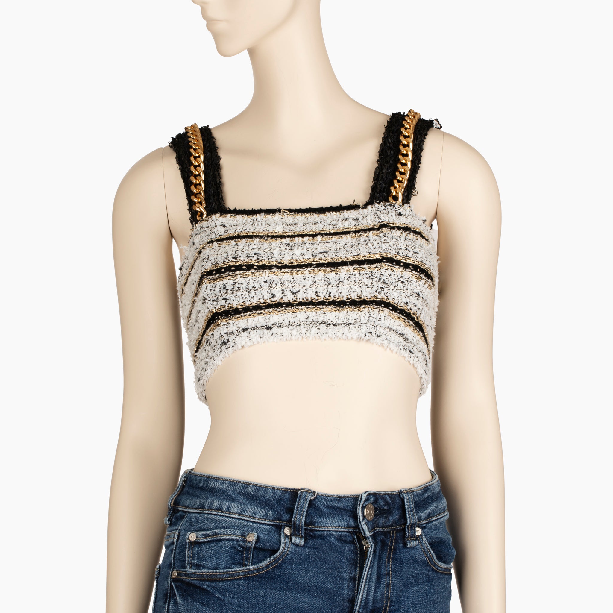 Balmain Paris Chain-Strap Cropped Bouclé Top in Monochrome - 38 FR