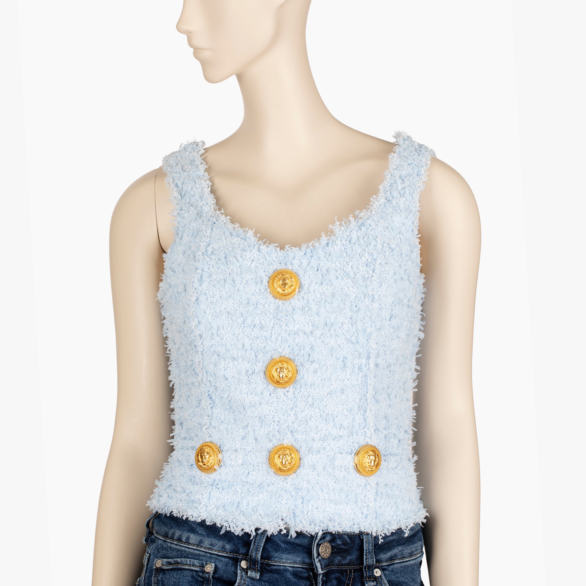Balmain Paris Pale Blue Bouclé Crop Top with Gold Lion Buttons – 36 FR